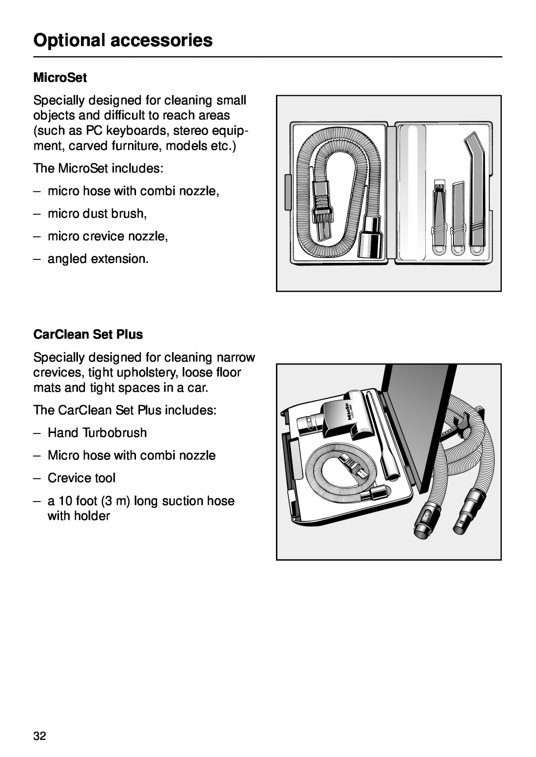 Miele S 252i, S 246i manual MicroSet, CarClean Set Plus, Optional accessories 