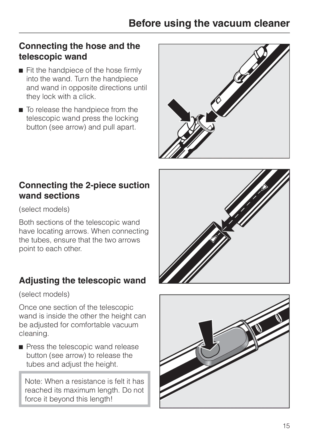 Miele S 300I, S 318I manual Connecting the hose and the telescopic wand, Connecting the 2-piece suction wand sections 