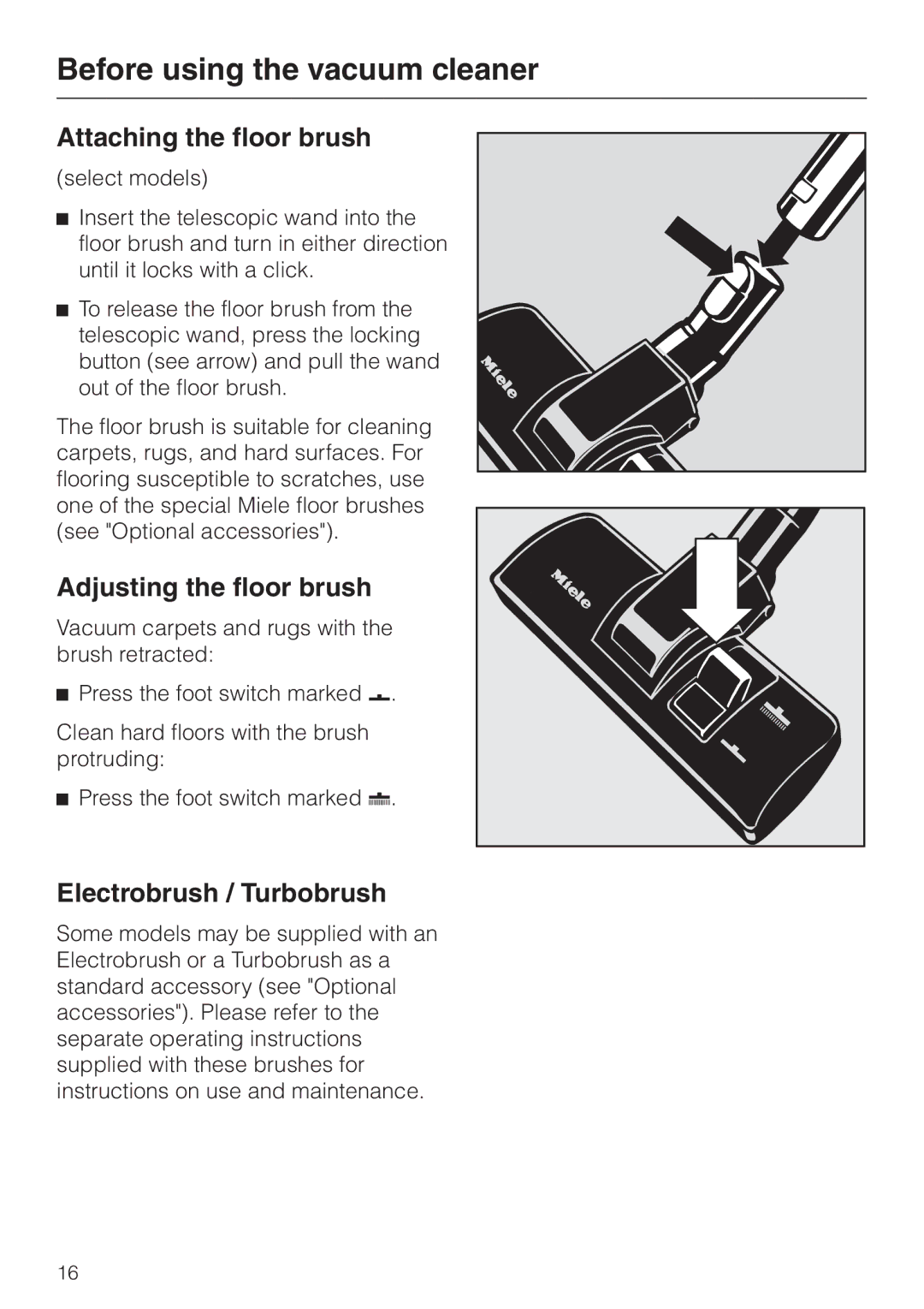 Miele S 318I, S 300I manual Attaching the floor brush, Adjusting the floor brush, Electrobrush / Turbobrush 