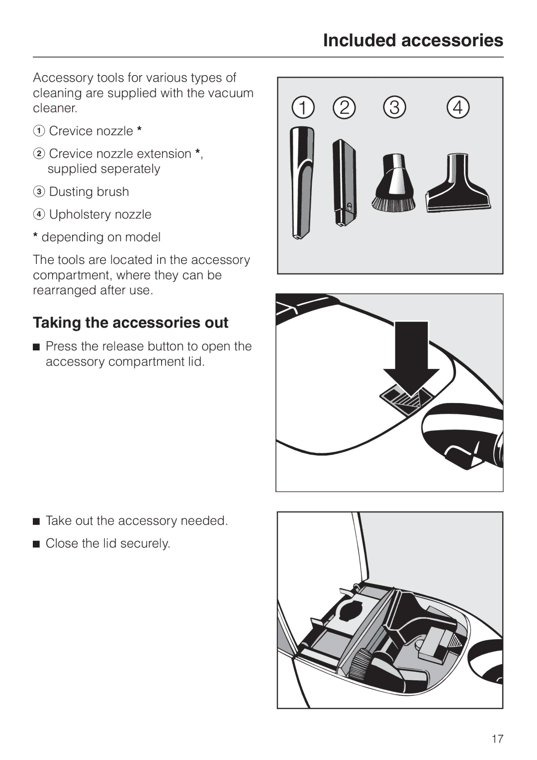 Miele S 300I, S 318I manual Included accessories, Taking the accessories out 