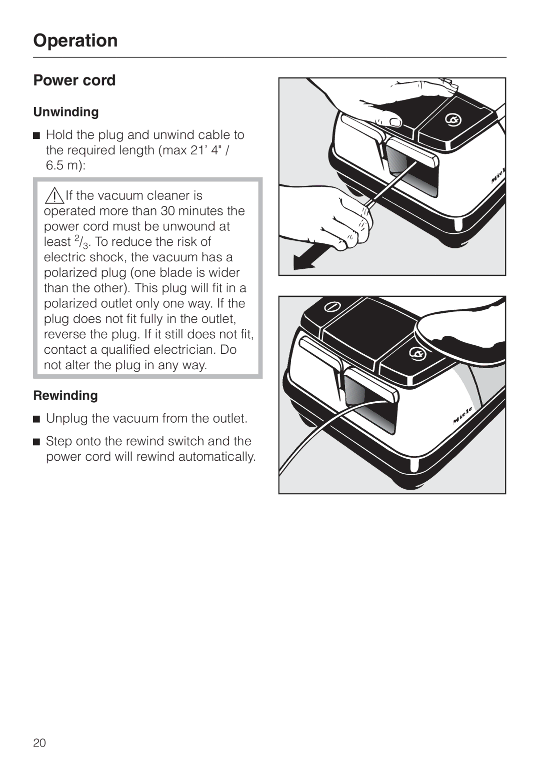 Miele S 318I, S 300I manual Operation, Power cord, Unwinding, Rewinding 