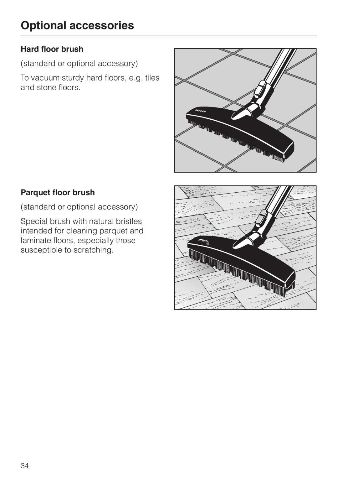 Miele S 318I, S 300I manual Hard floor brush, Parquet floor brush 