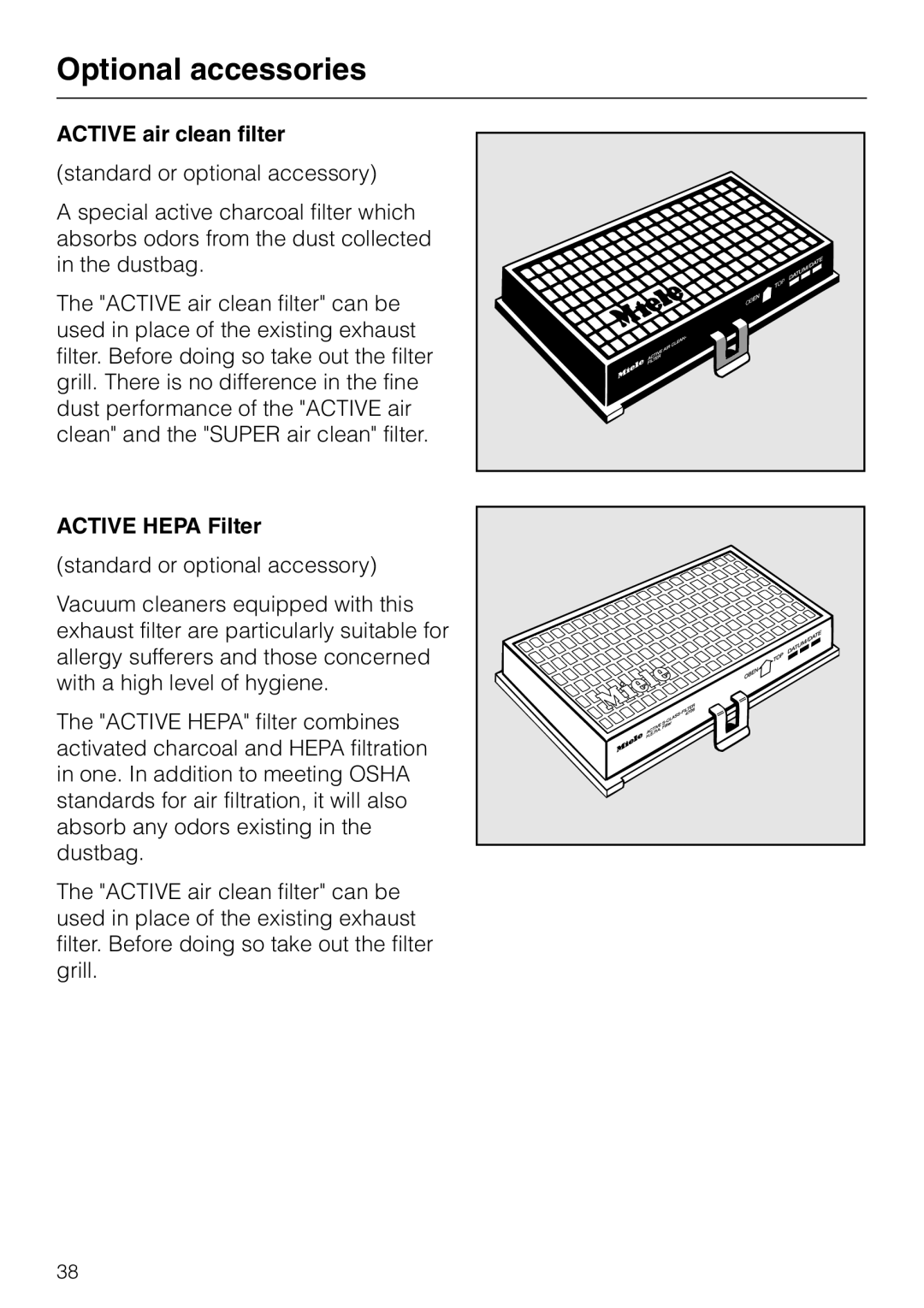 Miele S 318I, S 300I manual Active air clean filter 