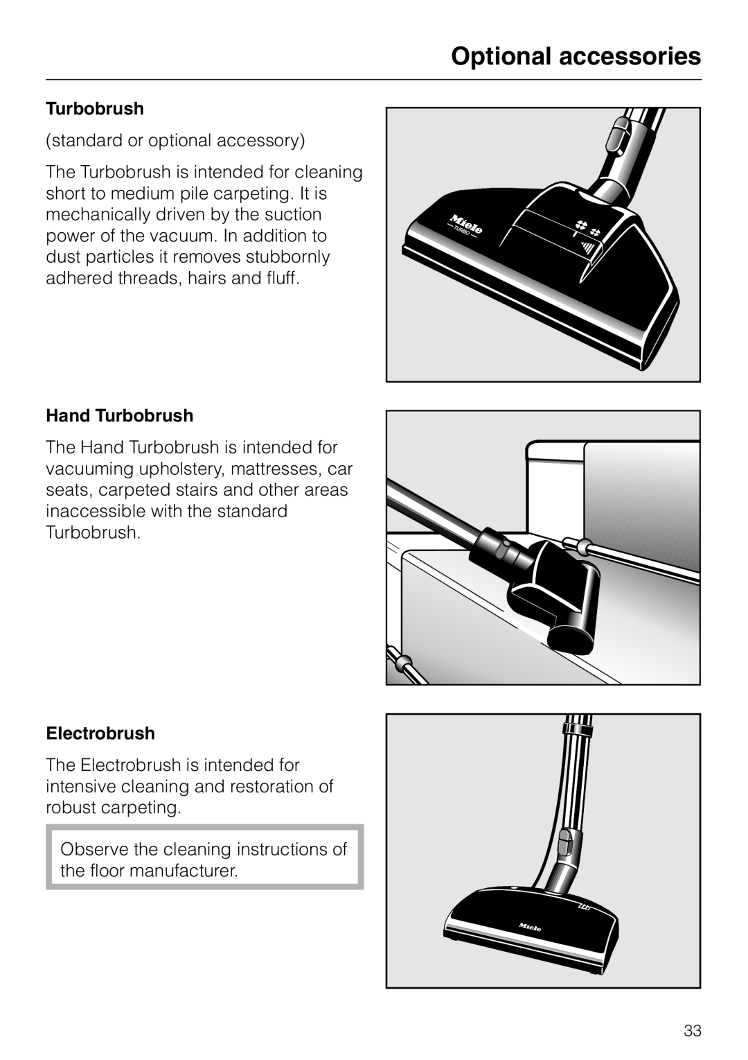 Miele S 300I, S 318I manual Optional accessories, Hand Turbobrush, Electrobrush 