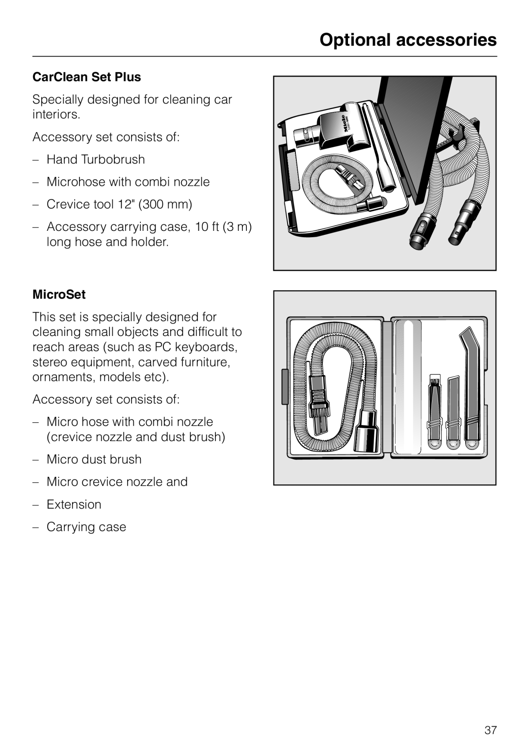 Miele S 300I, S 318I manual CarClean Set Plus, MicroSet, Optional accessories 