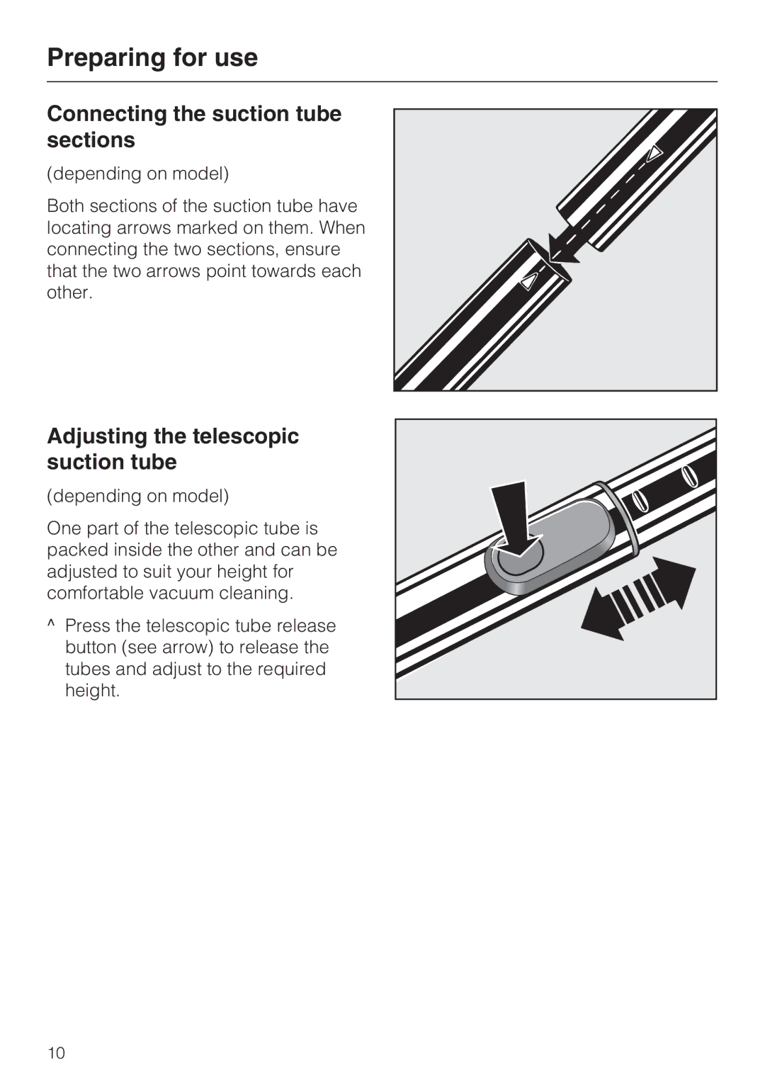 Miele S 360, S 388 manual Connecting the suction tube sections, Adjusting the telescopic suction tube 