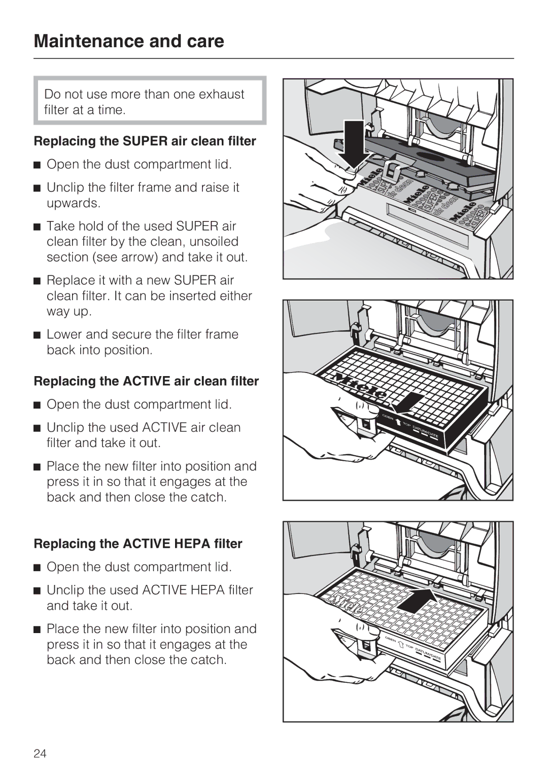 Miele S 360 Replacing the Super air clean filter, Replacing the Active air clean filter, Replacing the Active Hepa filter 