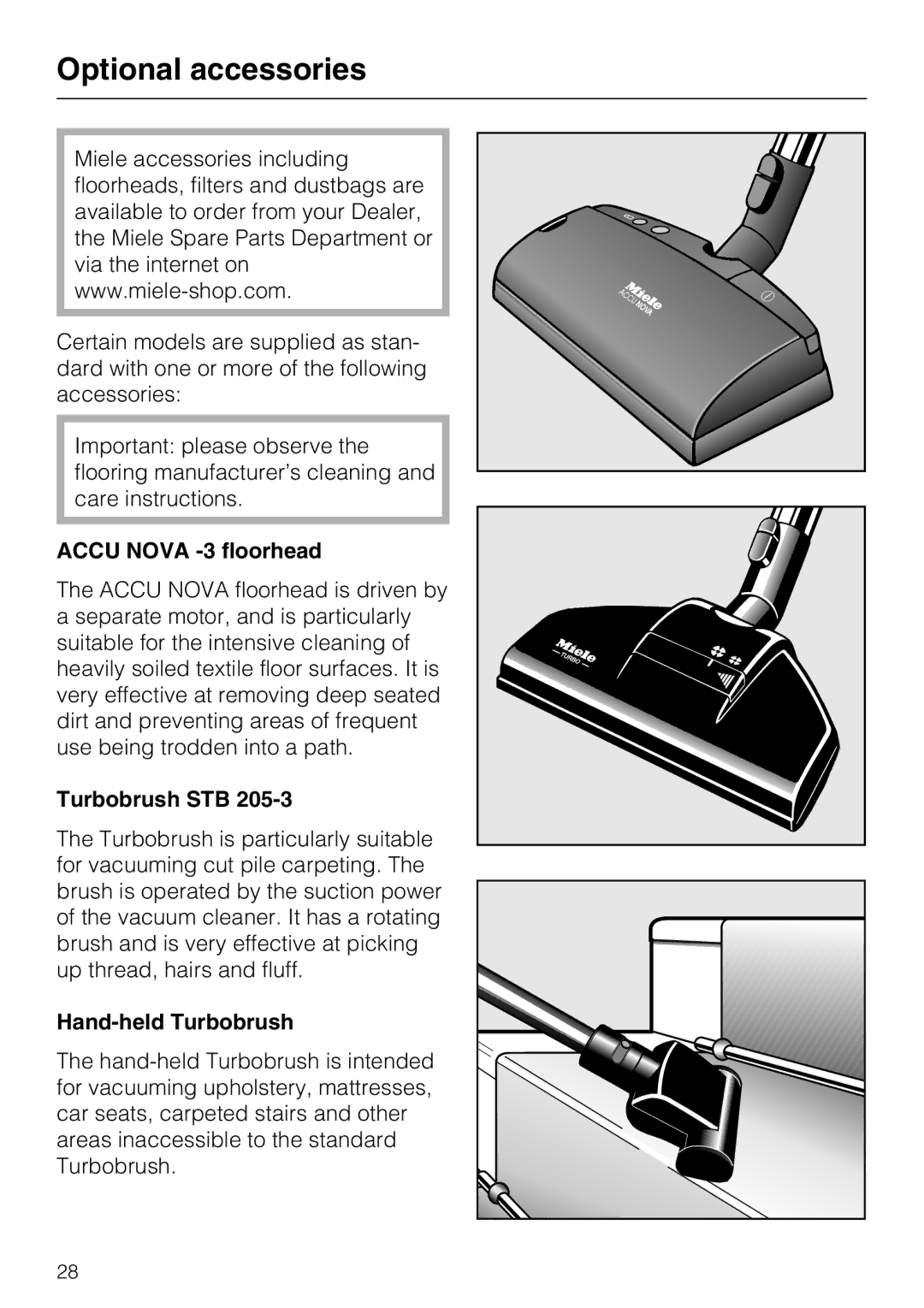 Miele S 360, S 388 manual Optional accessories, Accu Nova -3 floorhead, Turbobrush STB, Hand-held Turbobrush 