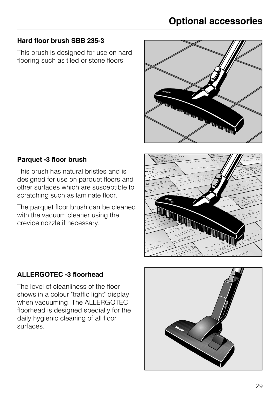 Miele S 388, S 360 manual Hard floor brush SBB, Parquet -3 floor brush, Allergotec -3 floorhead 