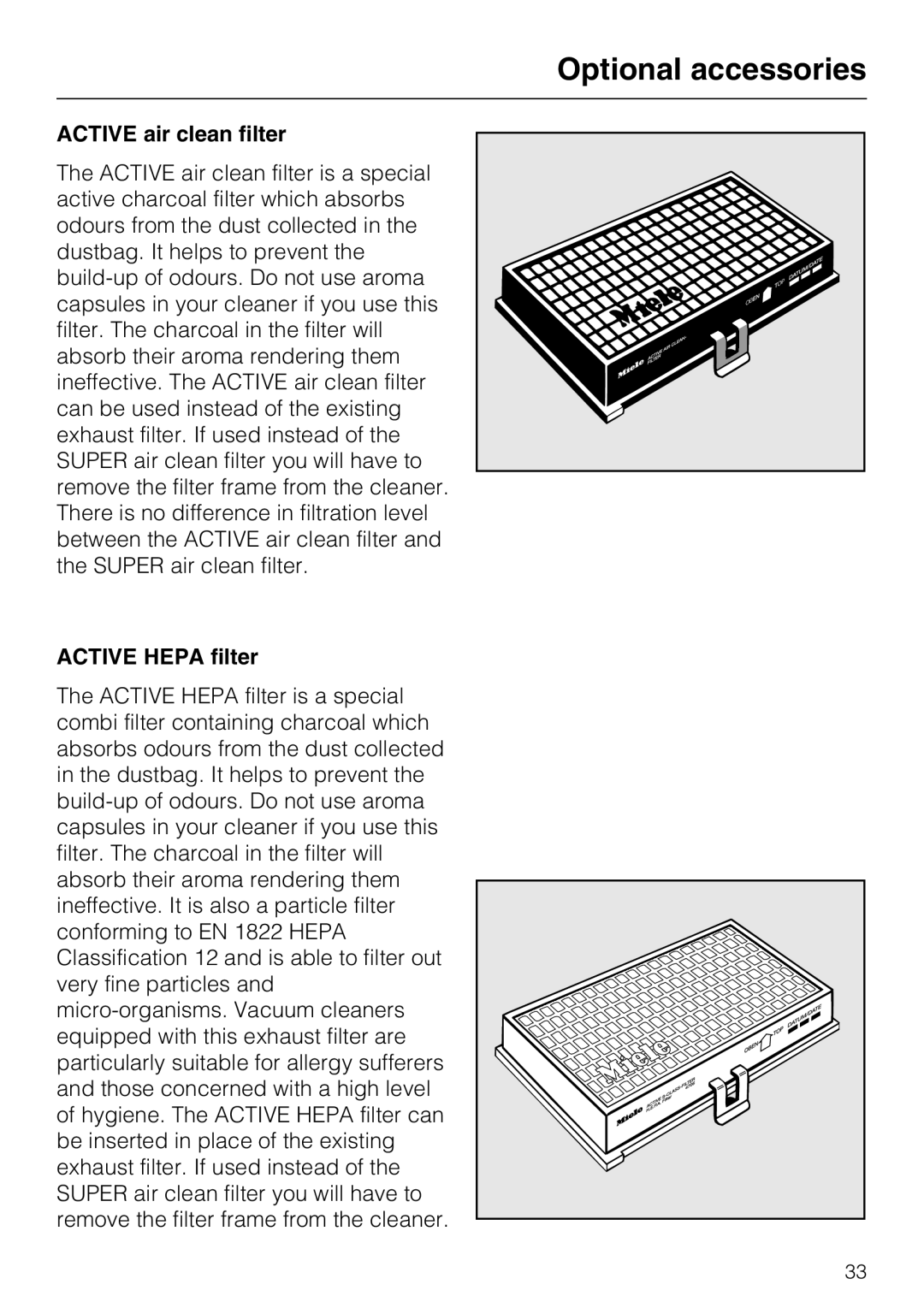 Miele S 388, S 360 manual Active air clean filter, Active Hepa filter 