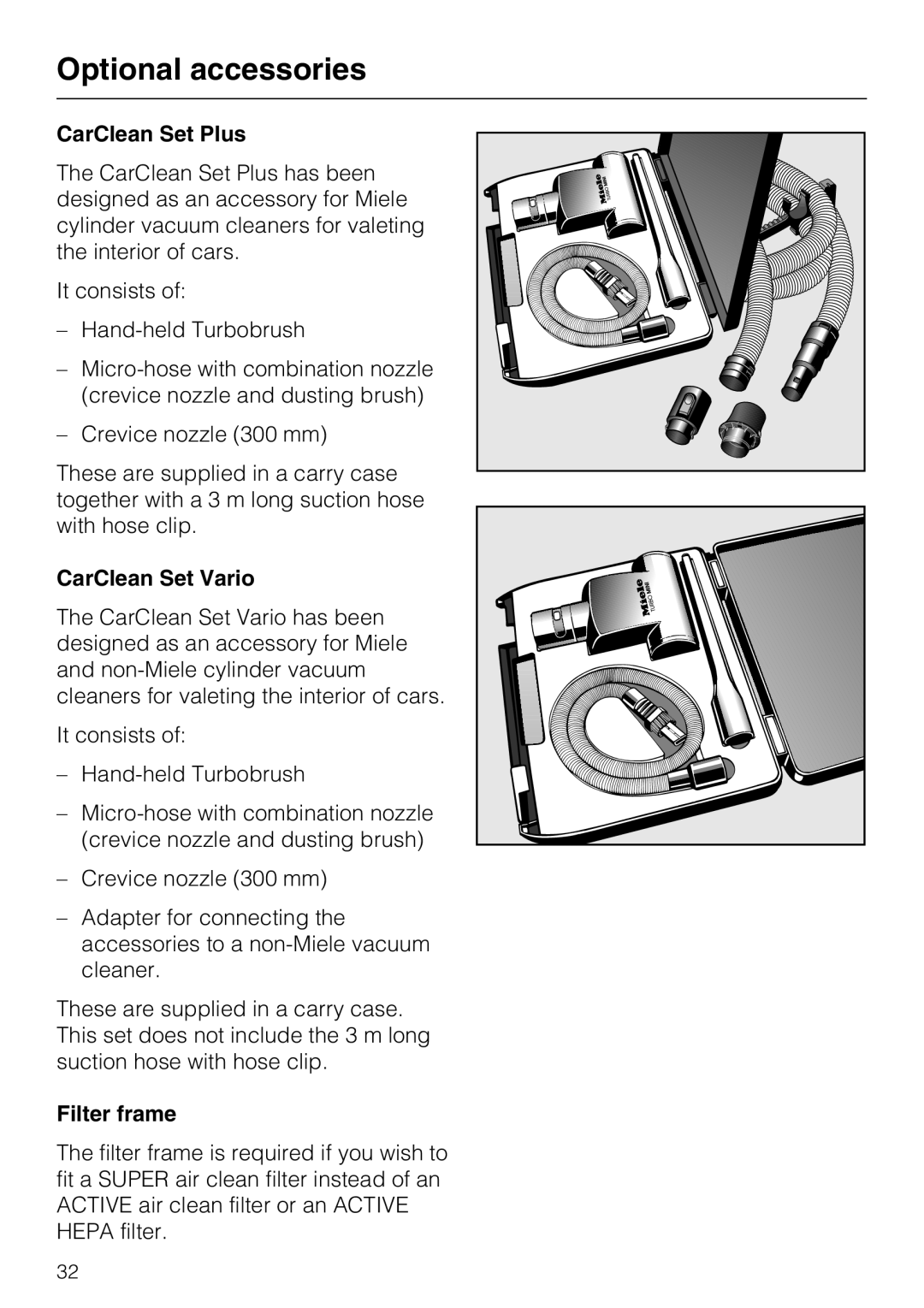 Miele S 360, S 388 manual CarClean Set Plus, CarClean Set Vario, Filter frame, Optional accessories 