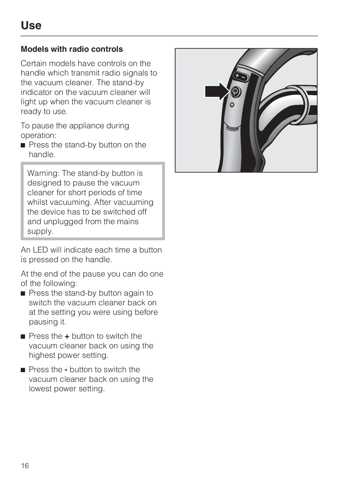 Miele S 4000 Series manual Models with radio controls 