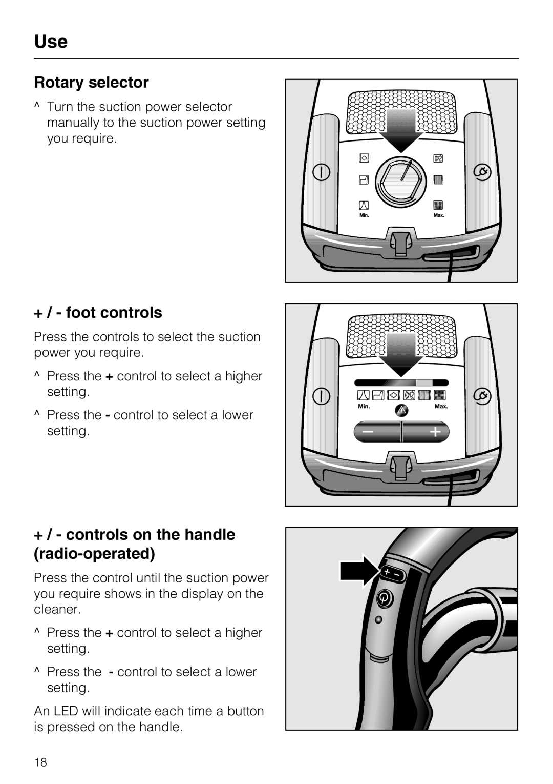 Miele S 4000 Series manual Rotary selector, + / foot controls, + / controls on the handle radio-operated 