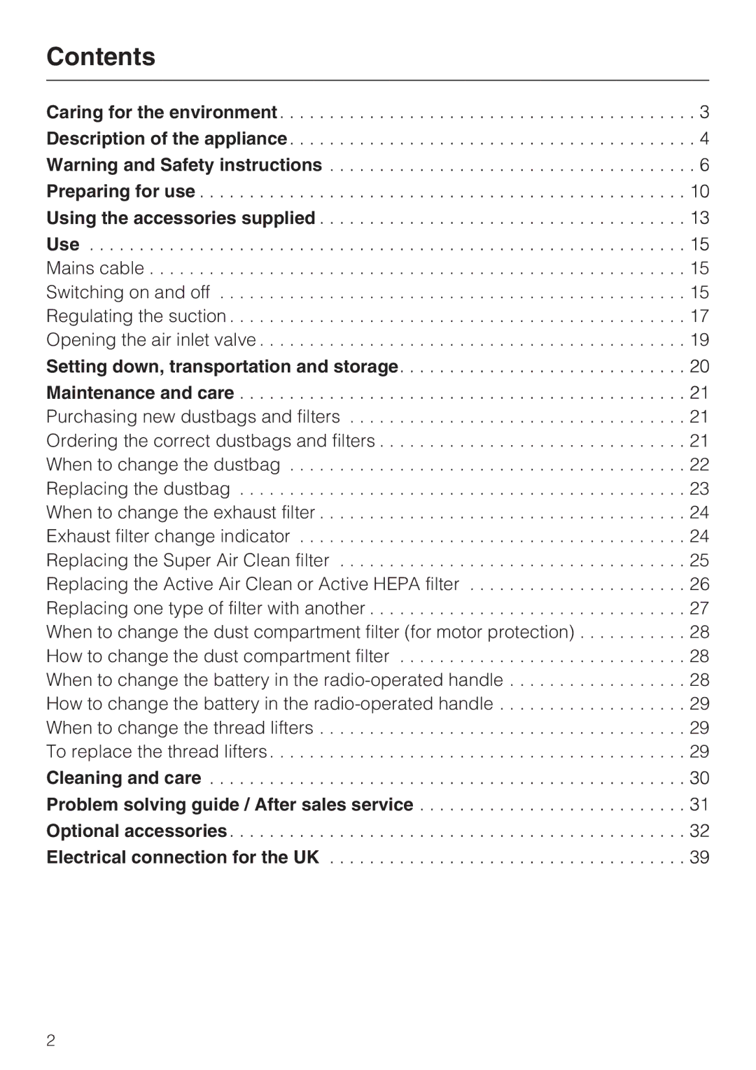 Miele S 4000 Series manual Contents 