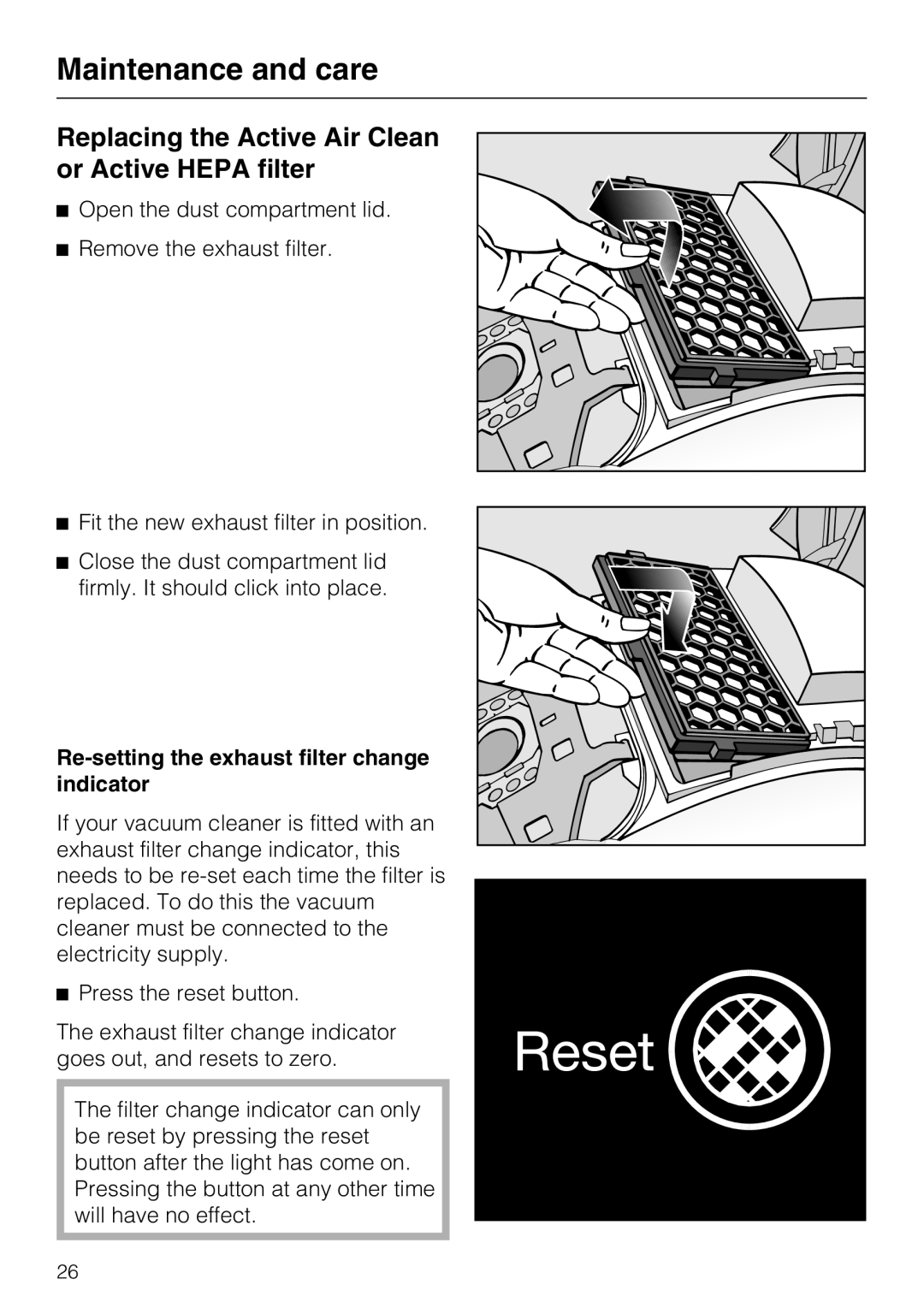 Miele S 4000 Series Replacing the Active Air Clean or Active Hepa filter, Re-setting the exhaust filter change indicator 