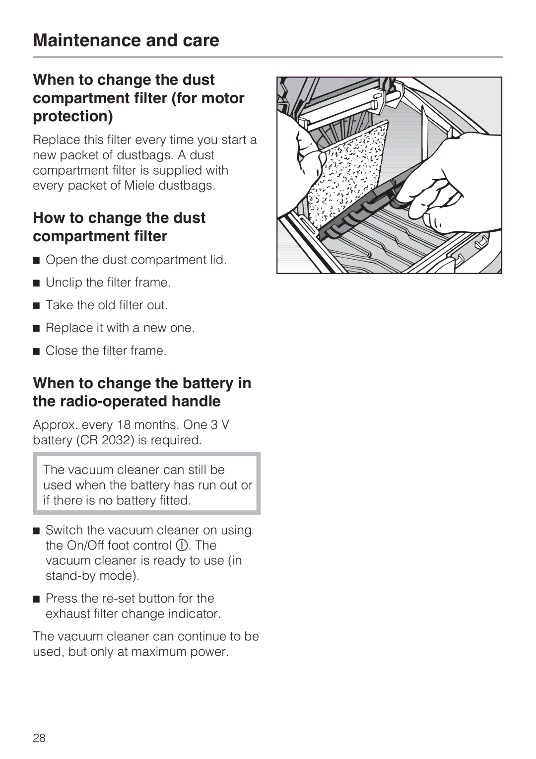 Miele S 4000 Series How to change the dust compartment filter, When to change the battery in the radio-operated handle 