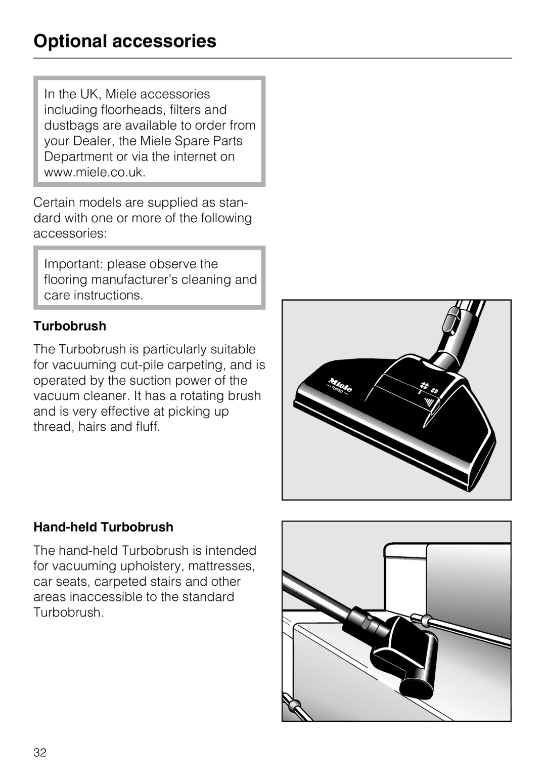 Miele S 4000 Series manual Optional accessories, Hand-held Turbobrush 