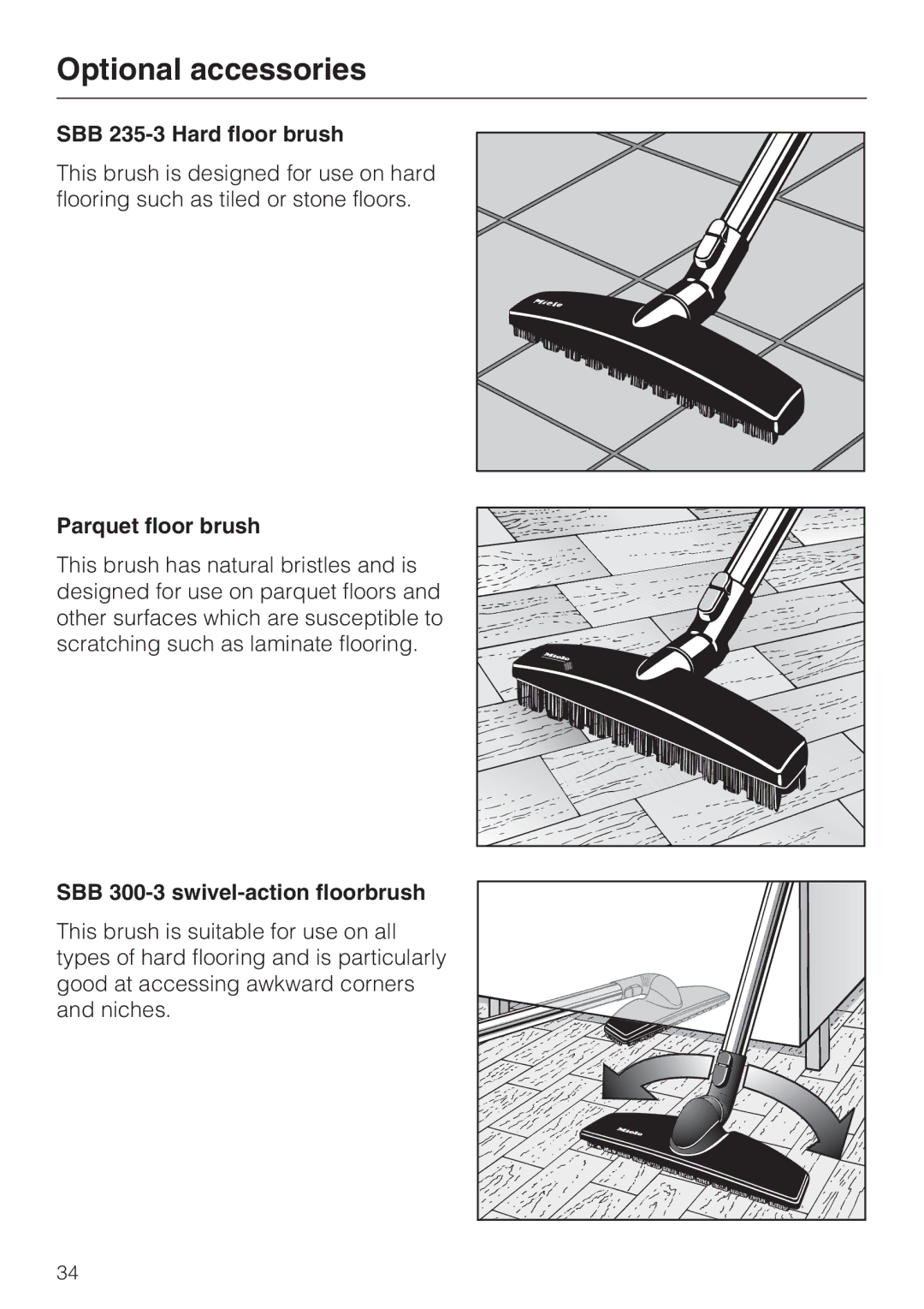 Miele S 4000 Series manual SBB 235-3 Hard floor brush, Parquet floor brush, SBB 300-3 swivel-action floorbrush 