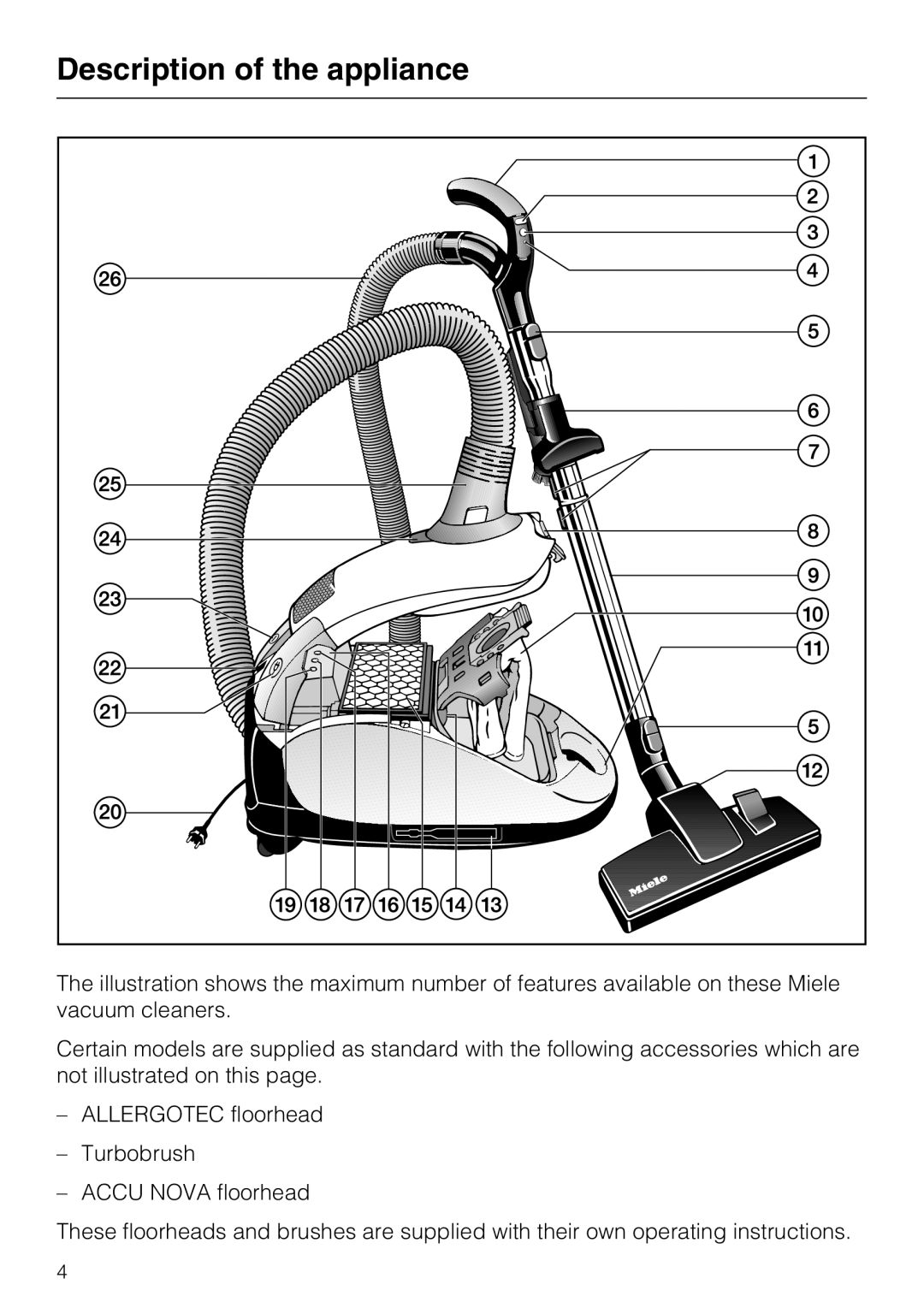 Miele S 4000 Series manual Description of the appliance 