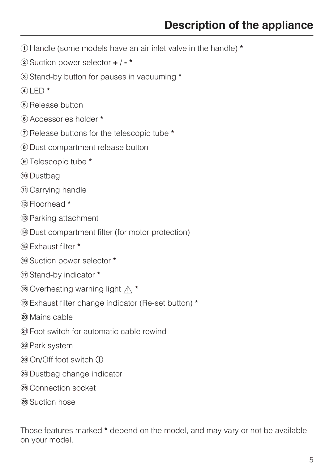 Miele S 4000 Series manual Description of the appliance 