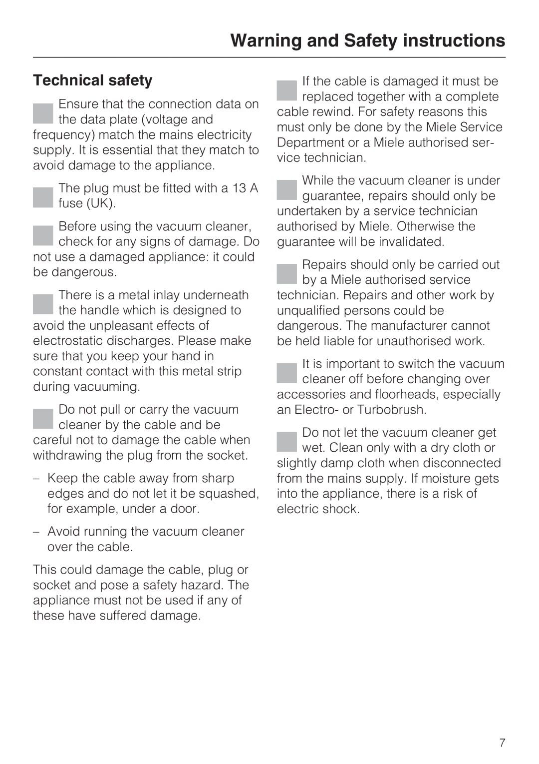 Miele S 4000 Series manual Technical safety 