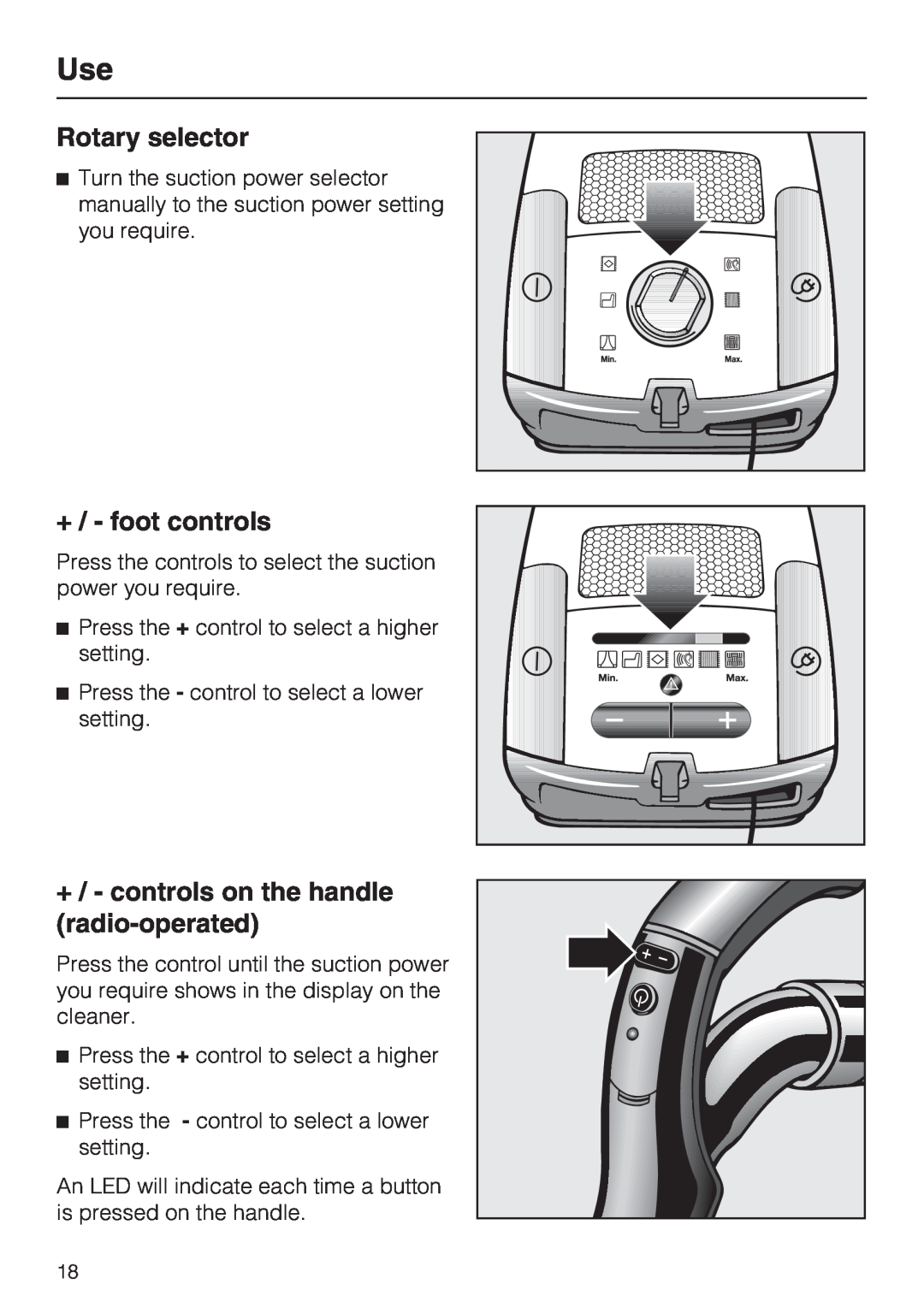 Miele S 4000 Series manual Rotary selector, + / - foot controls, +/ - controls on the handle radio-operated 