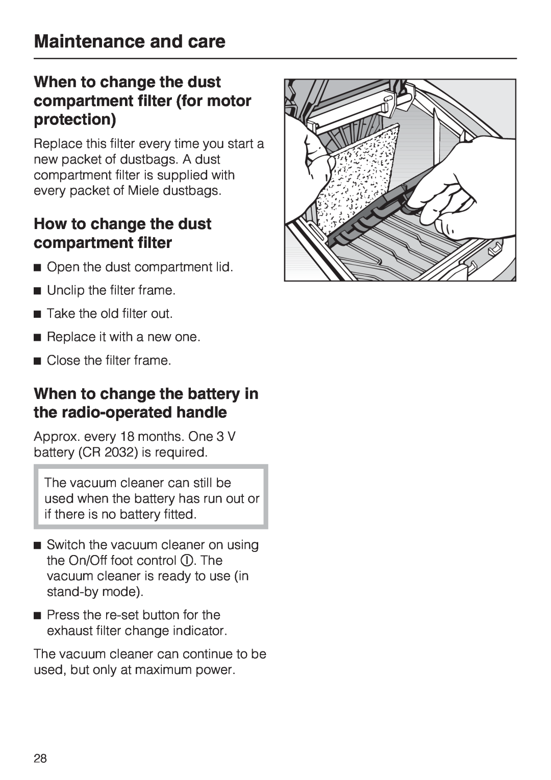 Miele S 4000 Series manual How to change the dust compartment filter, Maintenance and care 