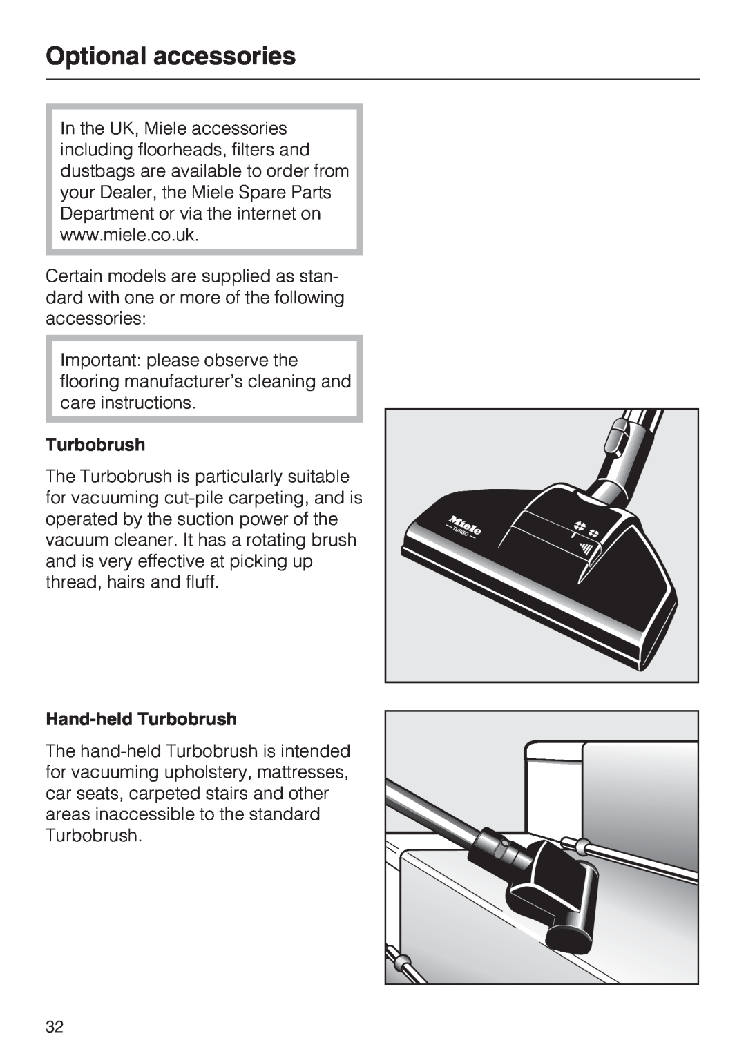 Miele S 4000 Series manual Optional accessories, Hand-heldTurbobrush 