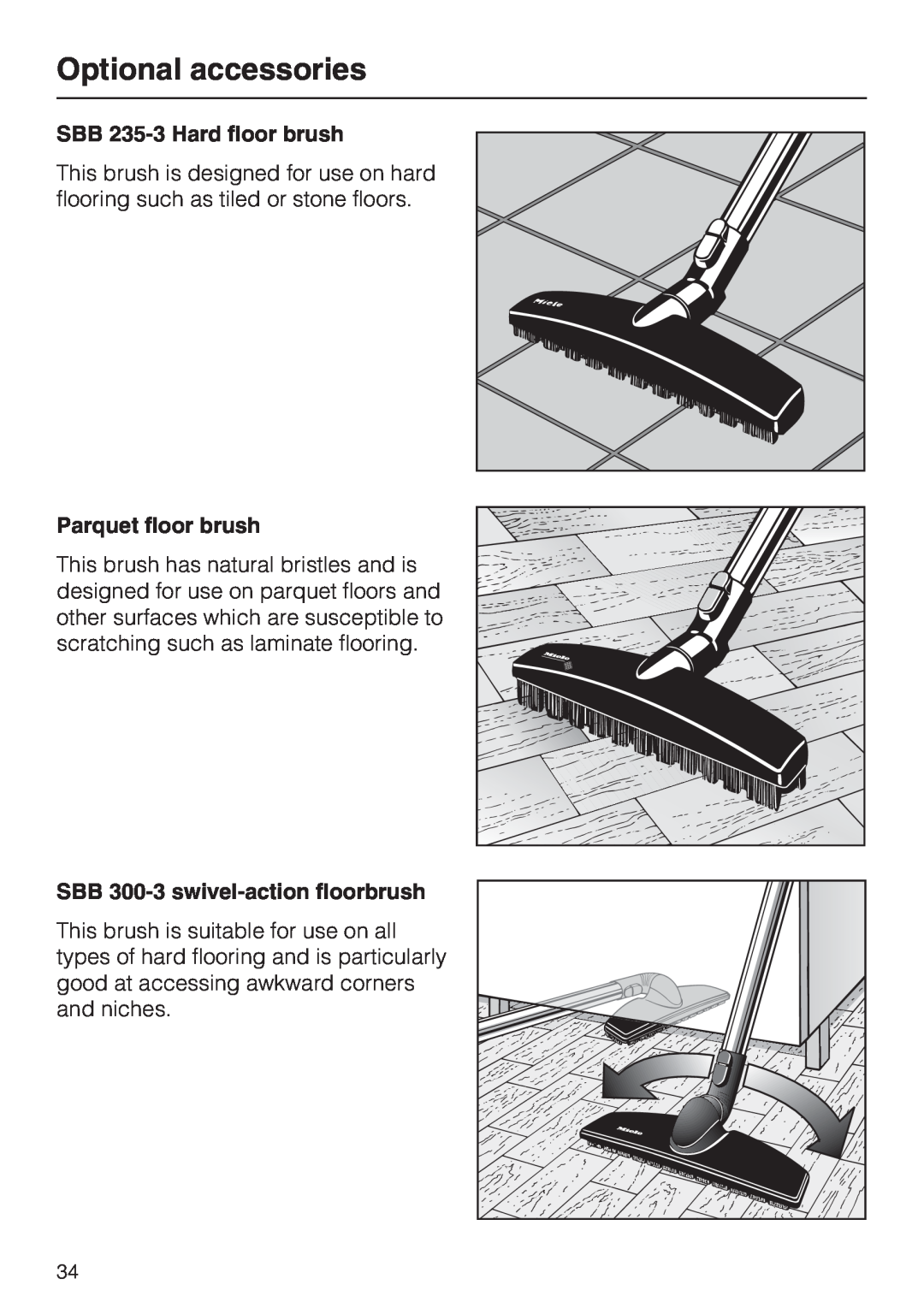 Miele S 4000 Series manual Optional accessories, SBB 235-3Hard floor brush, Parquet floor brush 