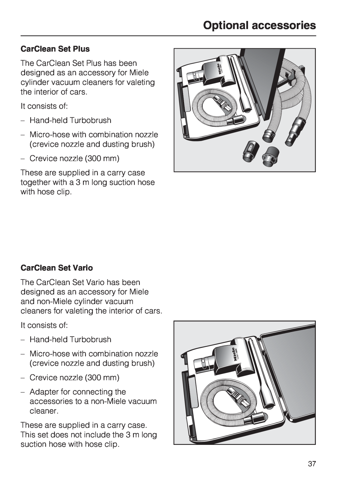 Miele S 4000 Series manual Optional accessories, CarClean Set Plus, CarClean Set Vario 
