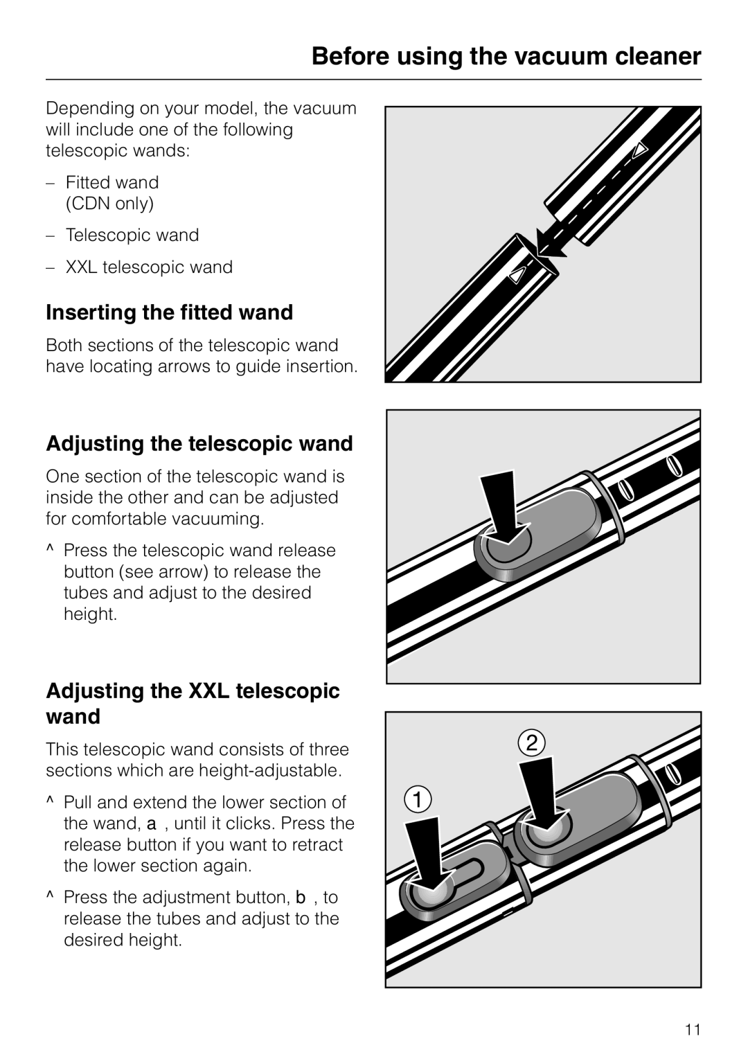 Miele S 4000 manual Inserting the fitted wand, Adjusting the telescopic wand, Adjusting the XXL telescopic wand 