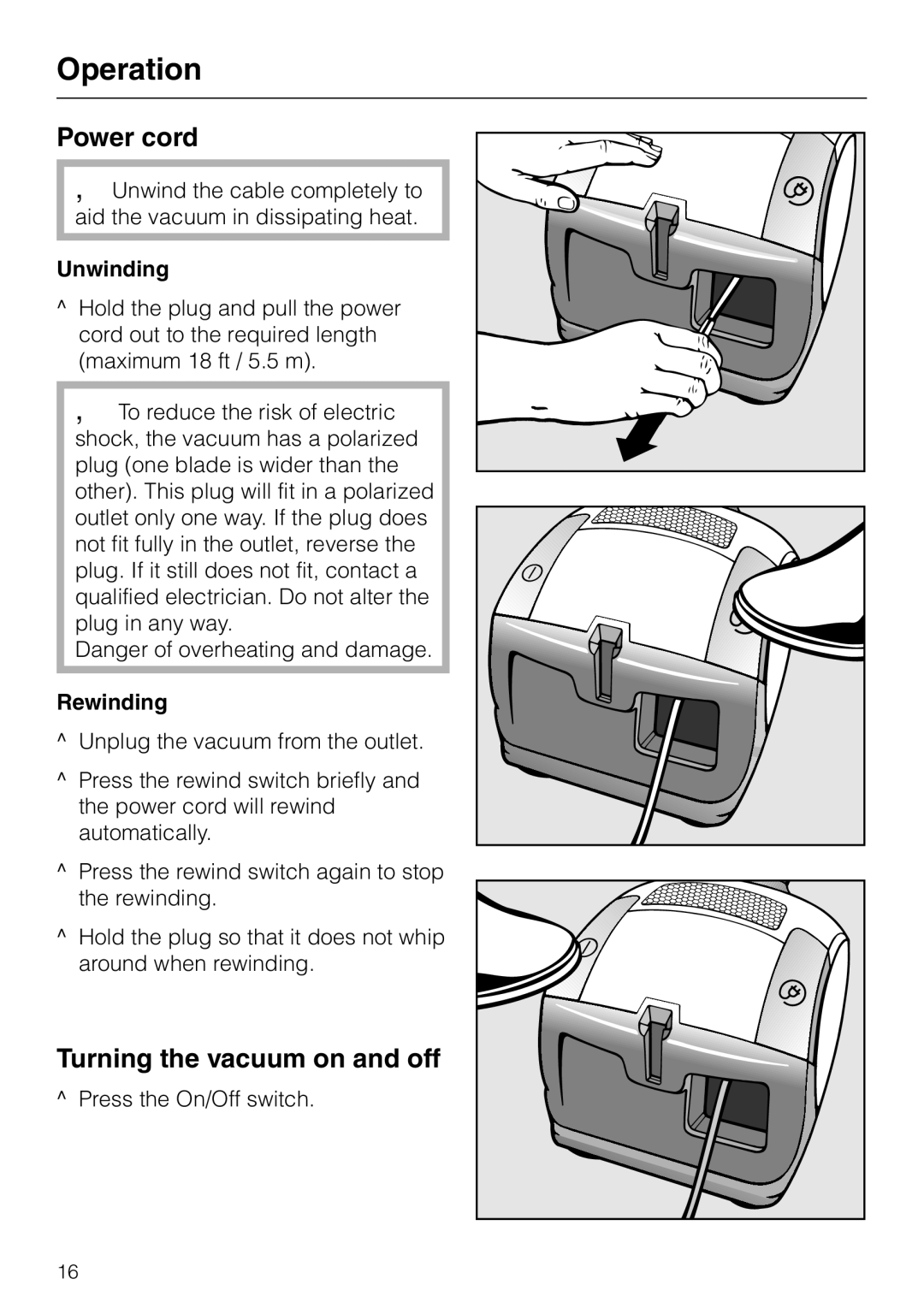 Miele S 4000 manual Operation, Power cord, Turning the vacuum on and off, Unwinding, Rewinding 