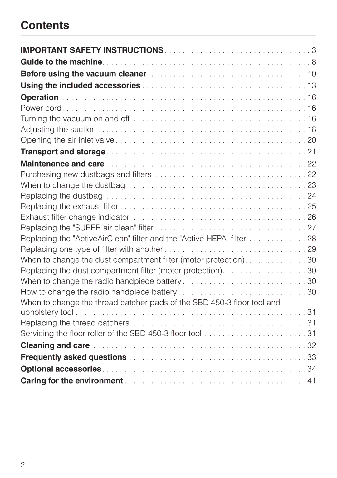 Miele S 4000 manual Contents 