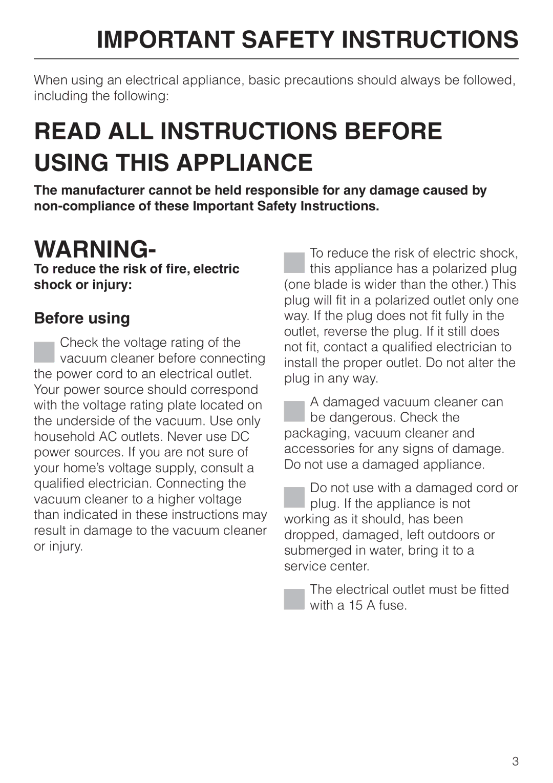 Miele S 4000 manual Important Safety Instructions, Before using 