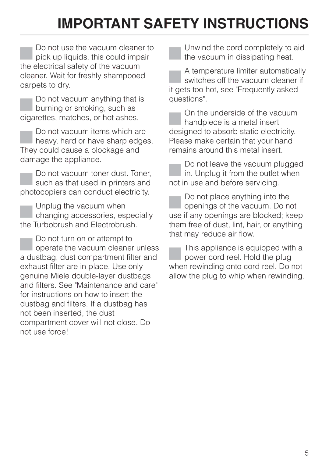 Miele S 4000 manual Important Safety Instructions 