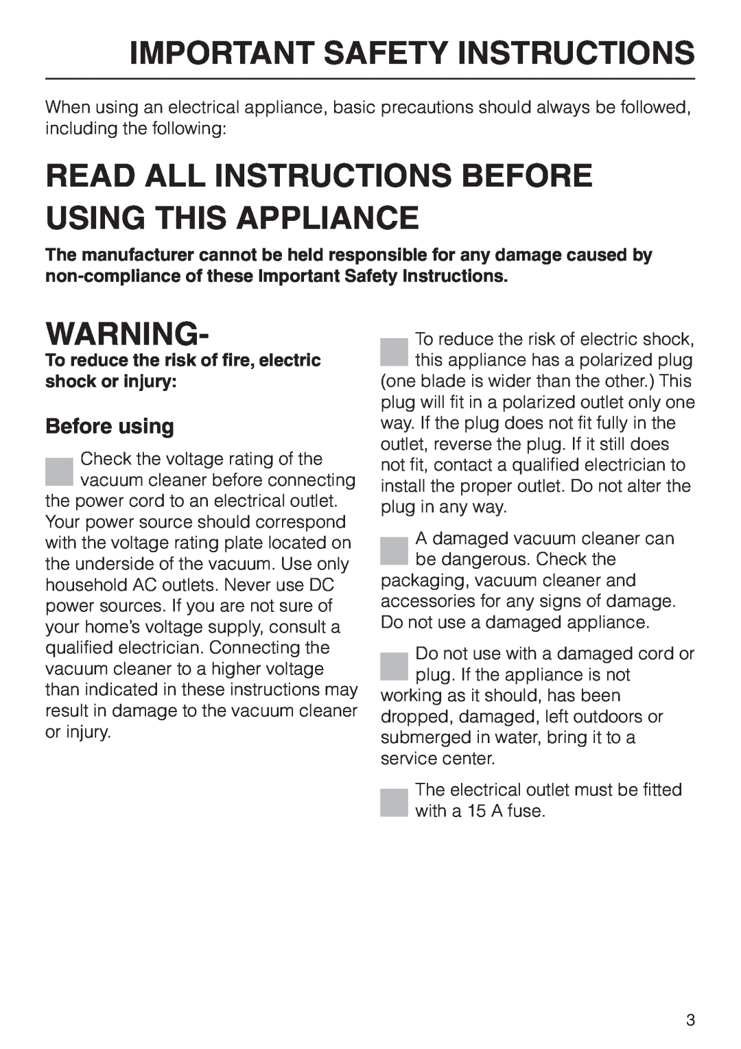 Miele S 4000 manual Important Safety Instructions, Read All Instructions Before Using This Appliance, Before using 
