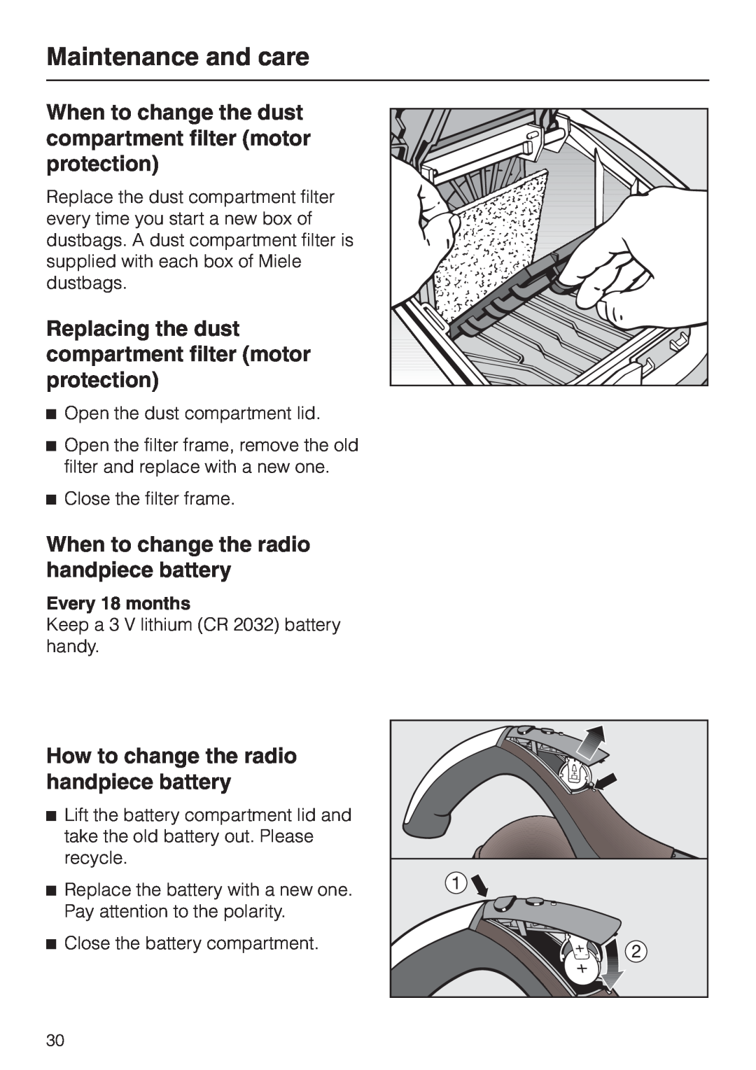Miele S 4000 Maintenance and care, When to change the radio handpiece battery, How to change the radio handpiece battery 