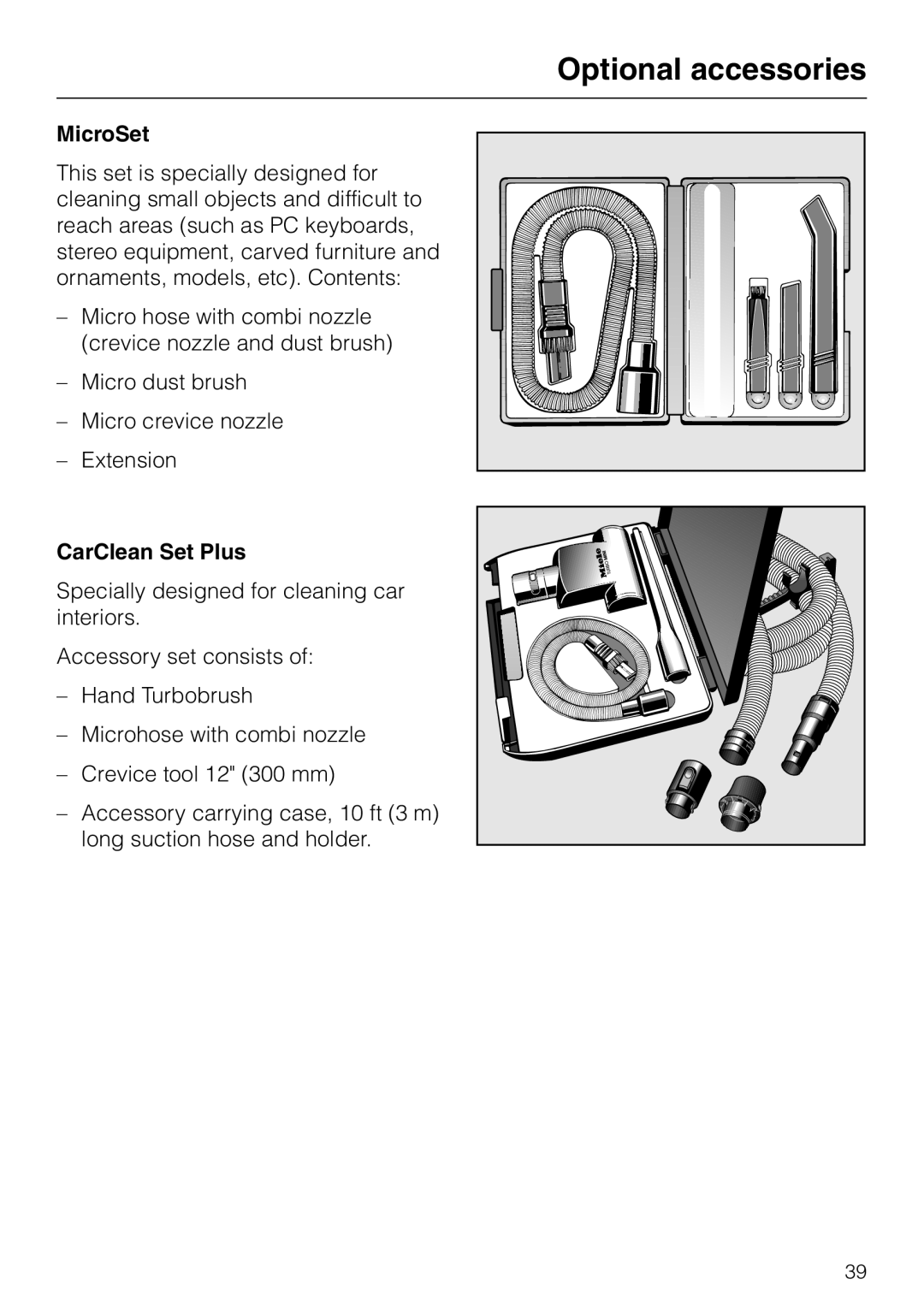 Miele S 4000 manual Optional accessories, MicroSet, CarClean Set Plus 