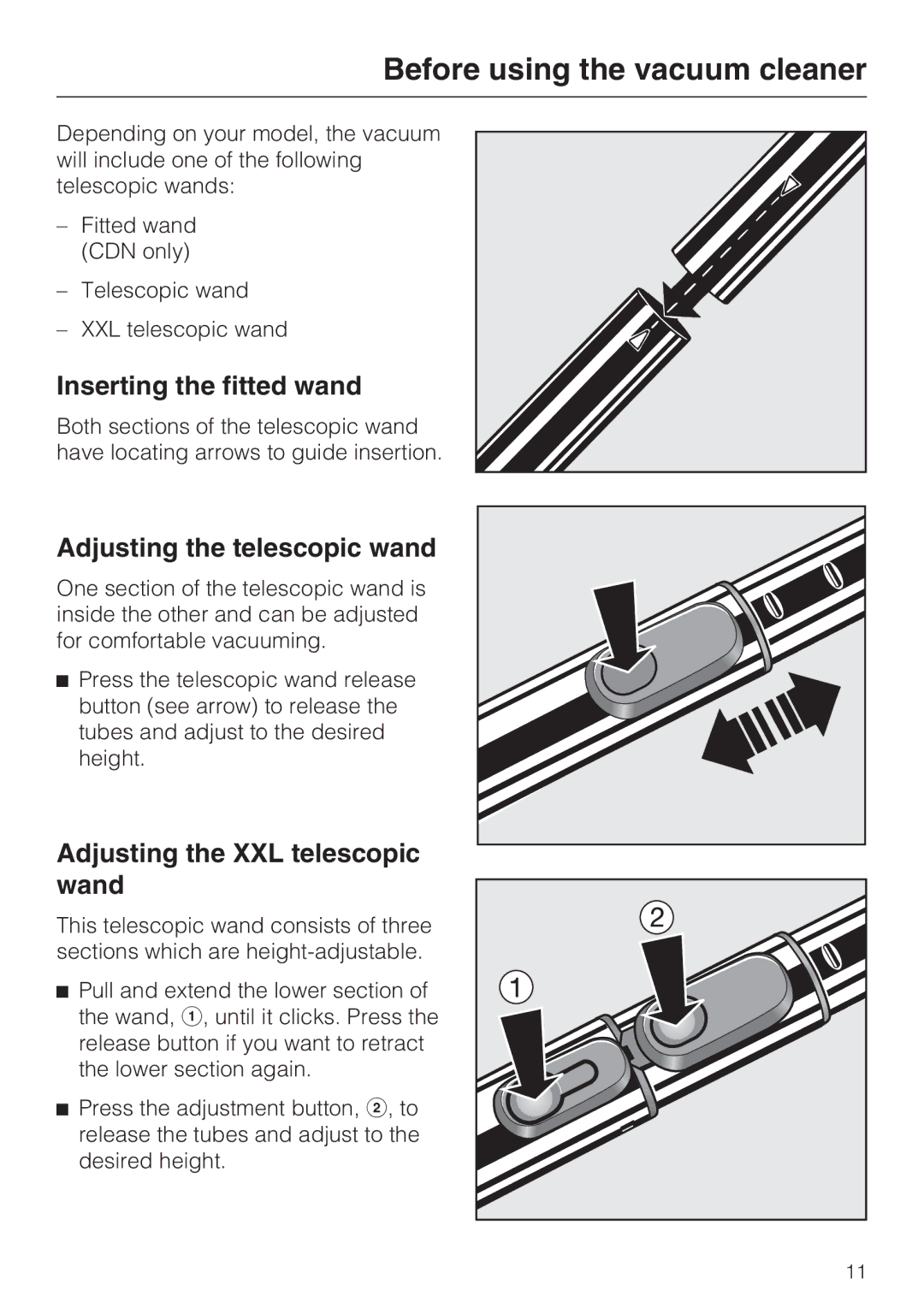 Miele S 4002 manual Inserting the fitted wand, Adjusting the telescopic wand, Adjusting the XXL telescopic wand 