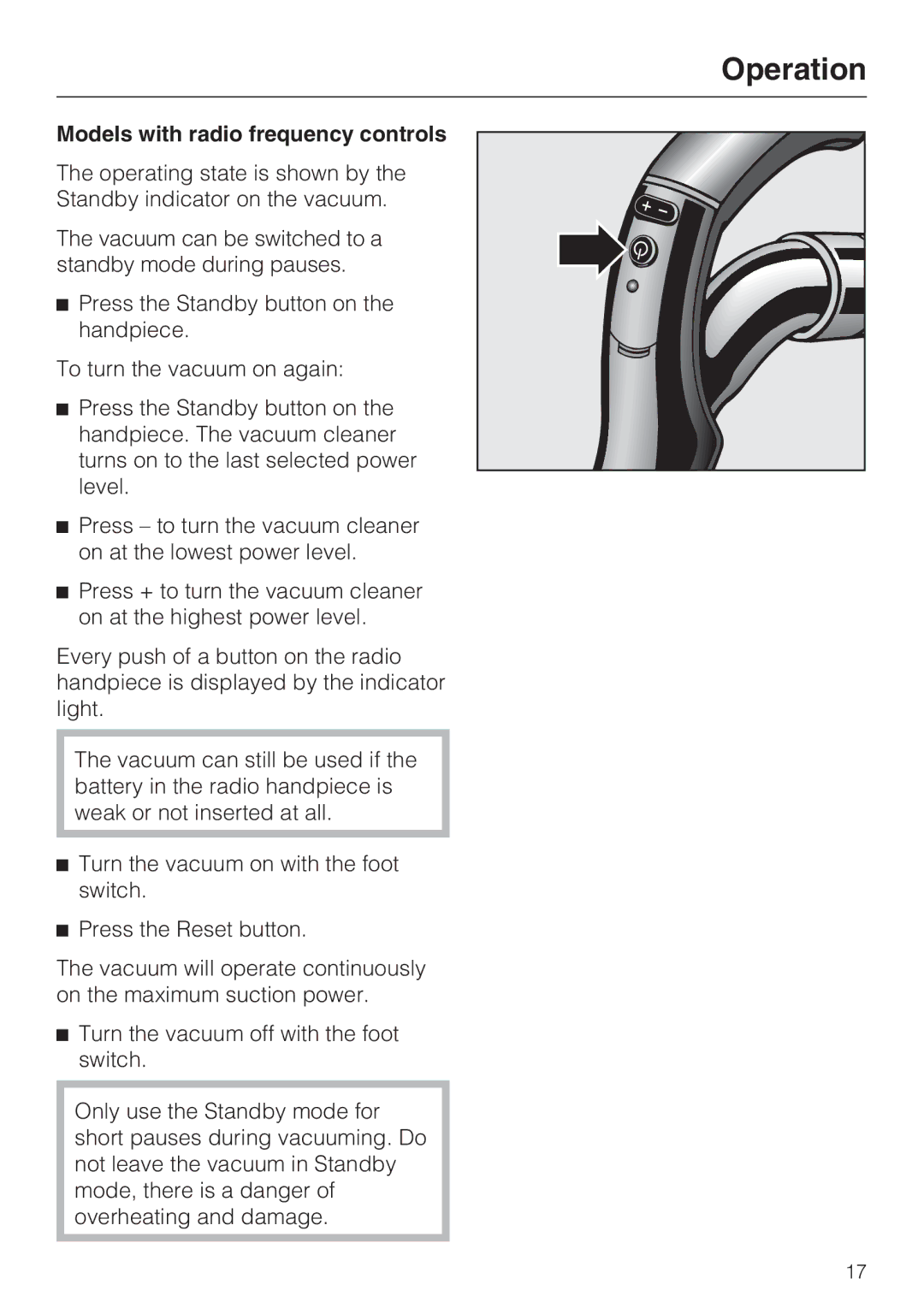 Miele S 4002 manual Models with radio frequency controls 