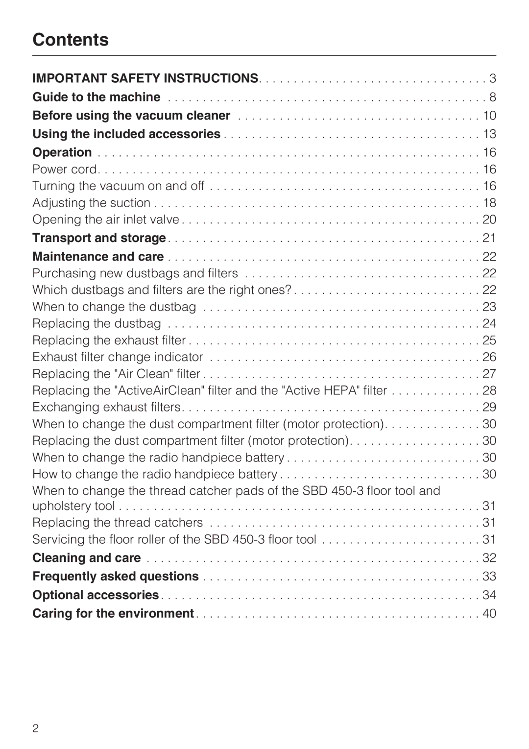 Miele S 4002 manual Contents 