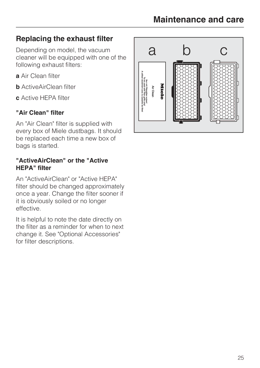 Miele S 4002 manual Replacing the exhaust filter, Air Clean filter, ActiveAirClean or the Active Hepa filter 