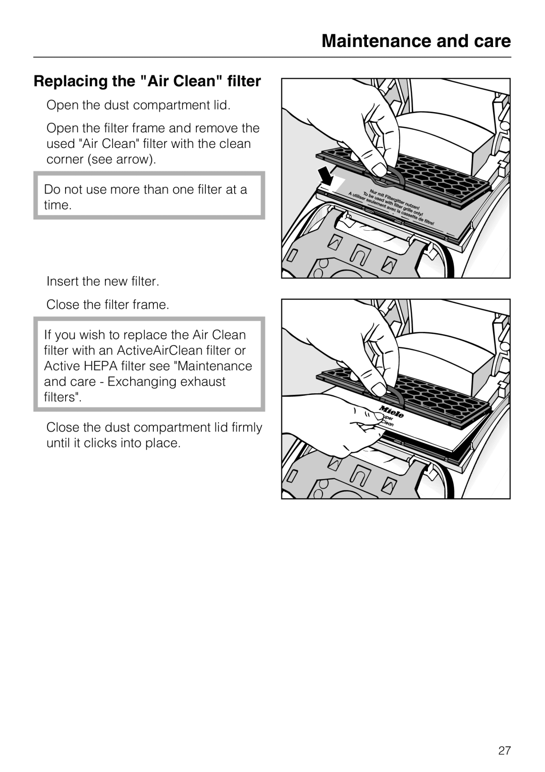 Miele S 4002 manual Replacing the Air Clean filter 