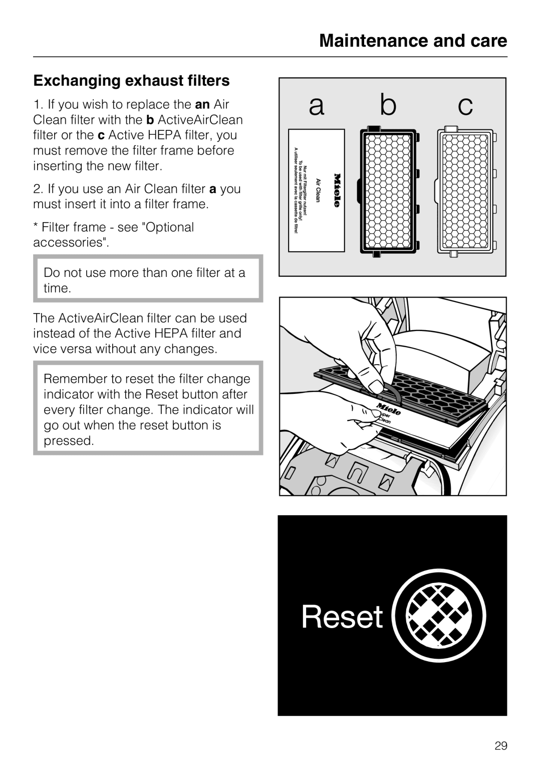 Miele S 4002 manual Exchanging exhaust filters 