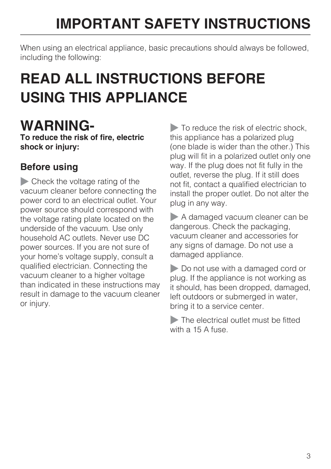 Miele S 4002 manual Before using, To reduce the risk of fire, electric shock or injury 