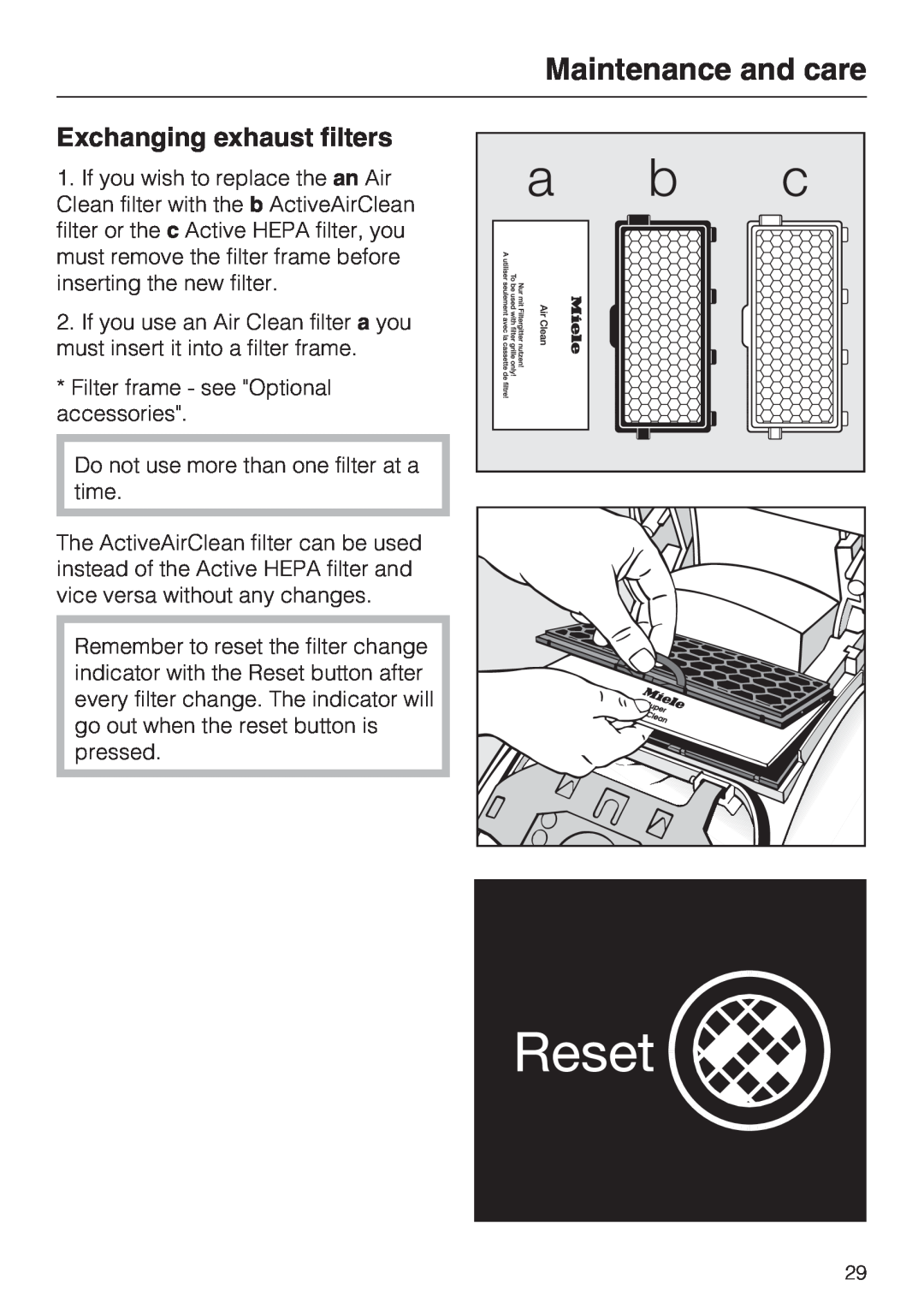 Miele S 4002 manual Maintenance and care, Exchanging exhaust filters 
