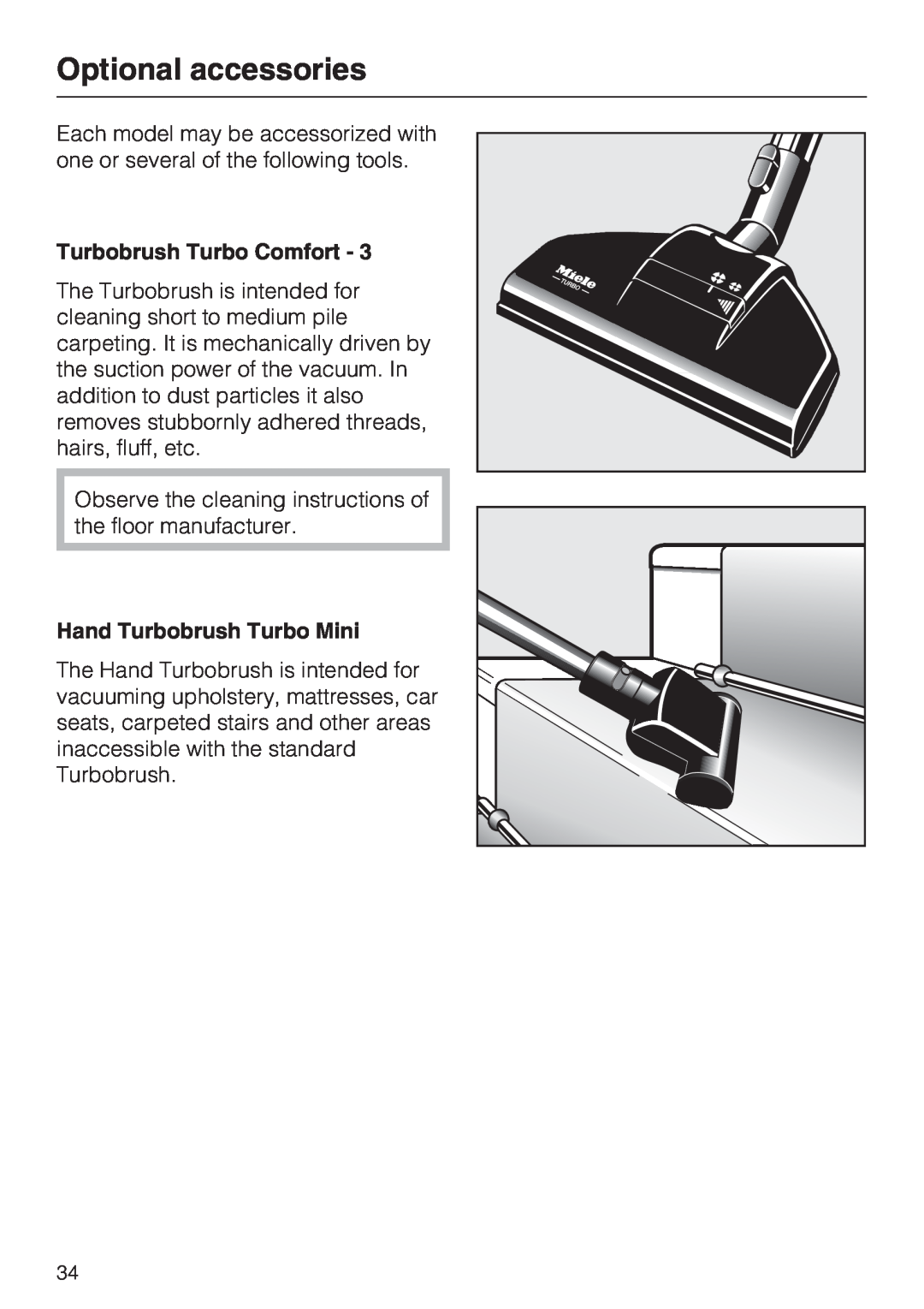 Miele S 4002 manual Optional accessories, Turbobrush Turbo Comfort, Hand Turbobrush Turbo Mini 