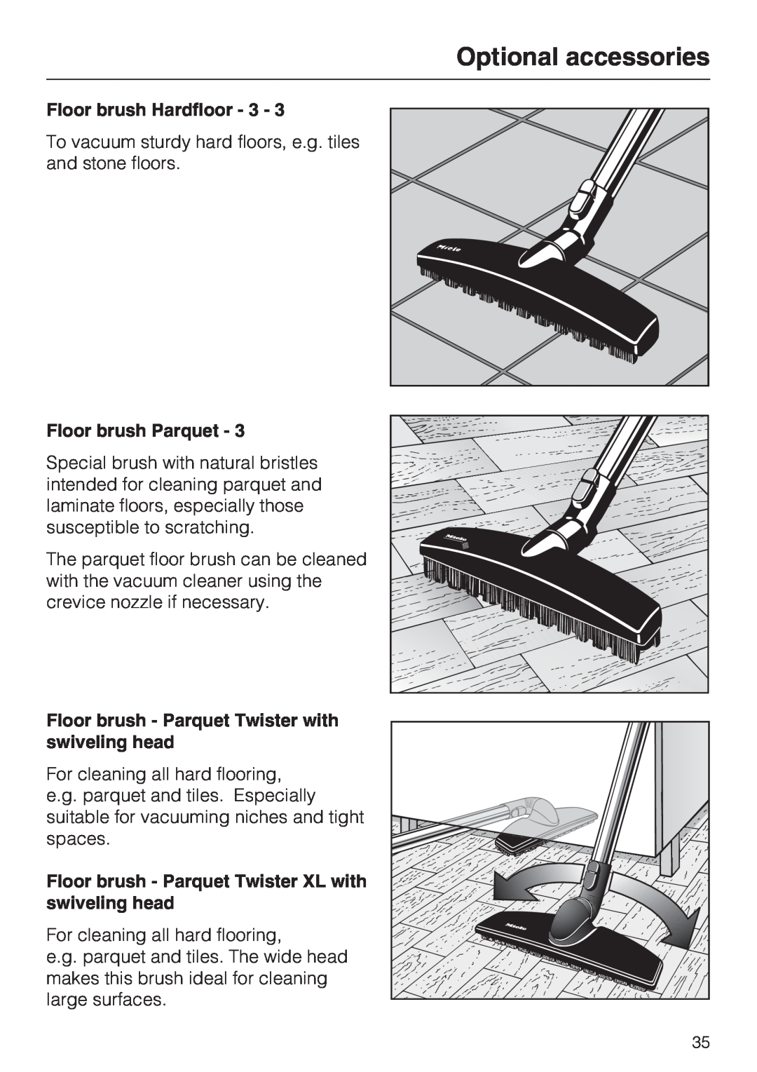 Miele S 4002 manual Optional accessories, Floor brush Hardfloor, Floor brush Parquet 