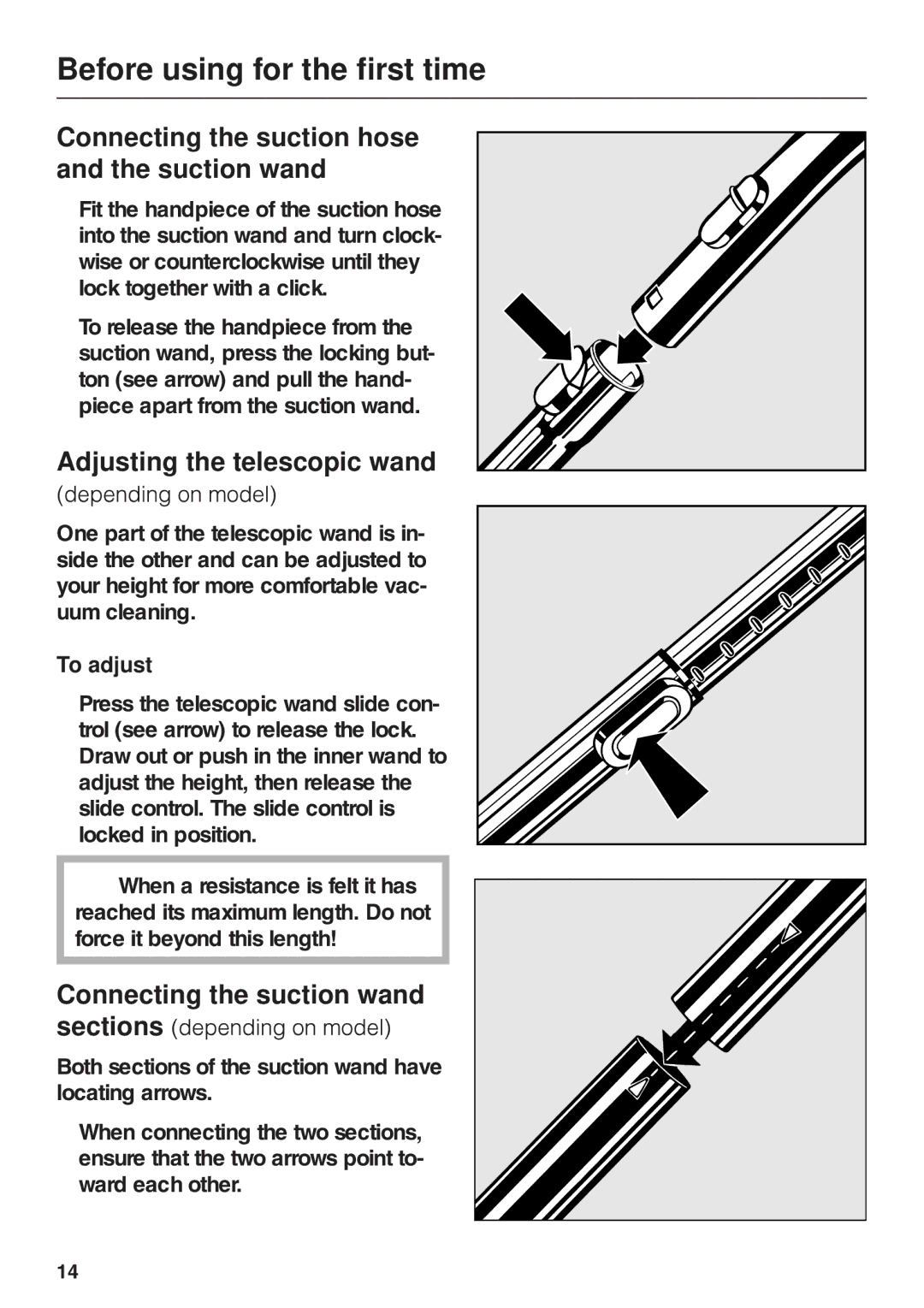 Miele S 500 - S 548 manual Connecting the suction hose and the suction wand, Adjusting the telescopic wand, To adjust 