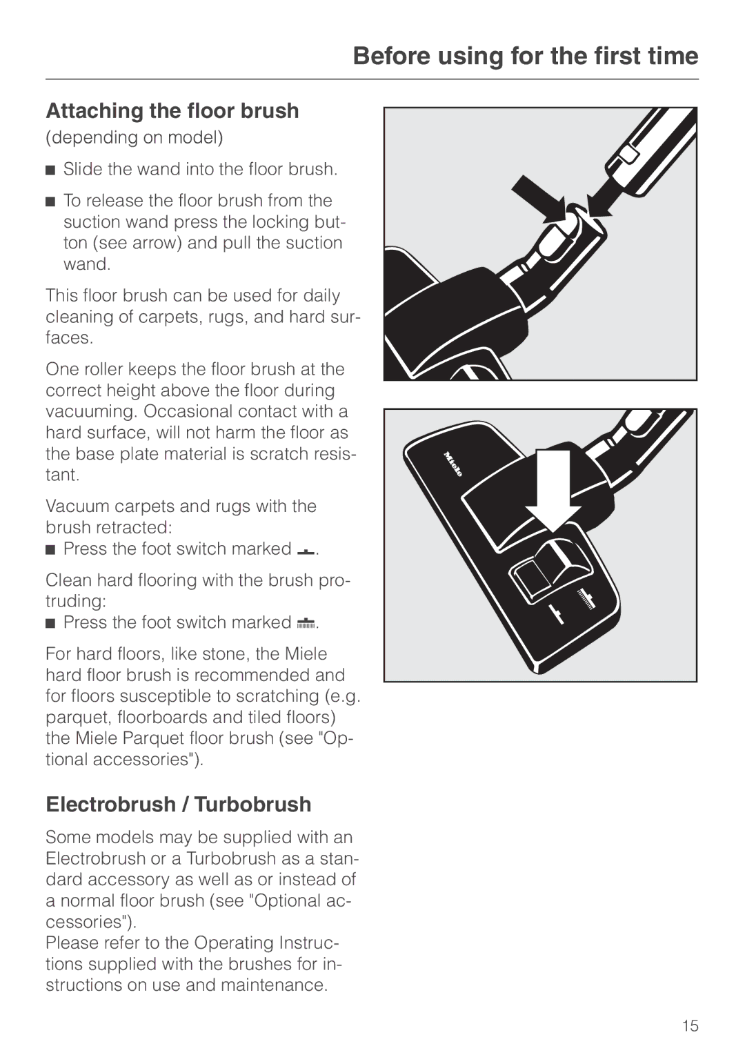 Miele S 600 - S 648, S 500 - S 548 manual Attaching the floor brush, Electrobrush / Turbobrush 